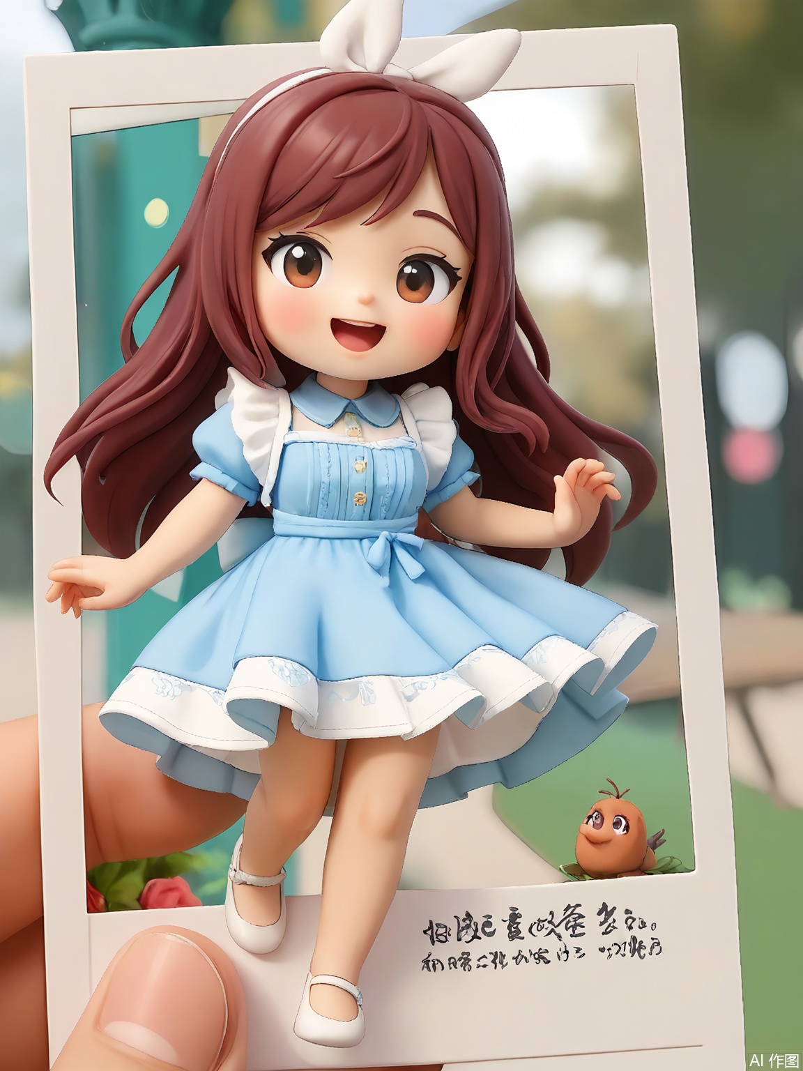 PLD, A historical fiction illustration of a Victorian girl with a bonnet and a lace dress, holding a polaroid of a grand ballroom. She clutches a fan and blushes shyly, with chandeliers casting a warm glow over marble floors. The background features opulent architecture and couples waltzing in the distance. The polaroid frame is held by a hand in the foreground.
