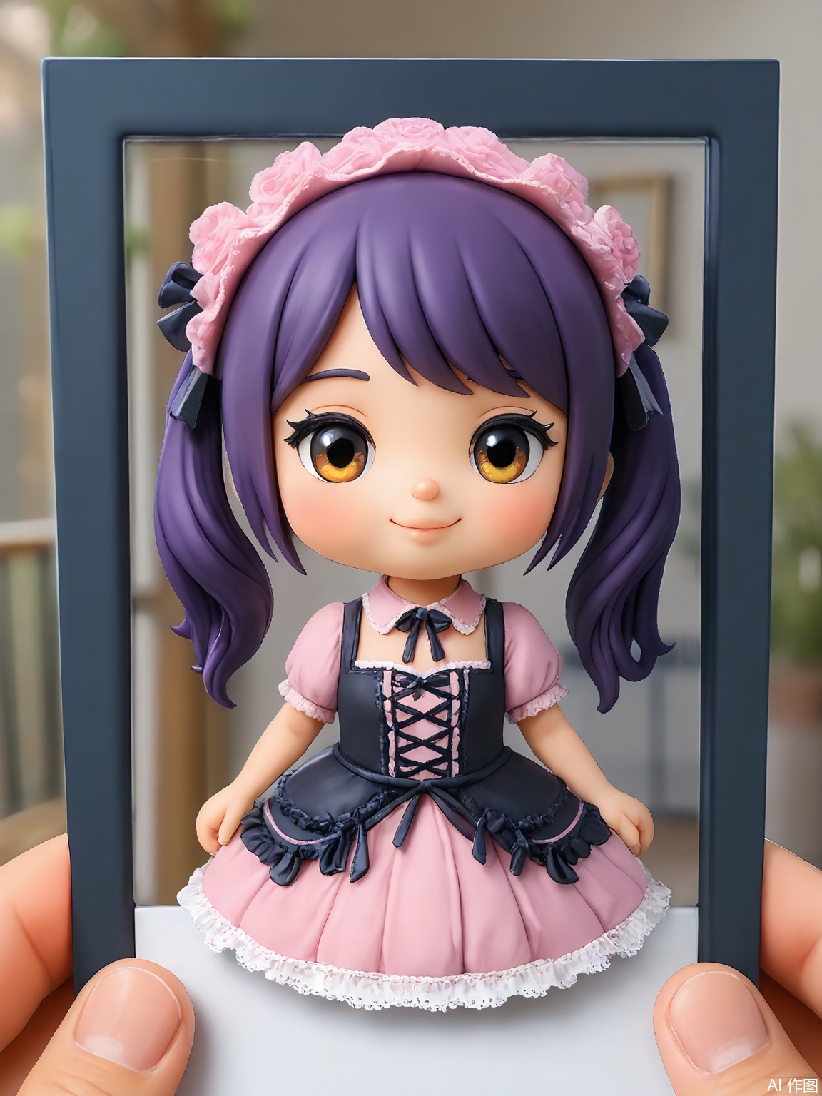 PLD,A digital illustration of a teenage girl with long pink hair in pigtails, wearing a gothic Lolita dress with lace trim. She holds a polaroid of a black cat, tilting her head innocently. Background: Moonlit garden with glowing purple flowers. The polaroid frame is held by a hand in the foreground.
