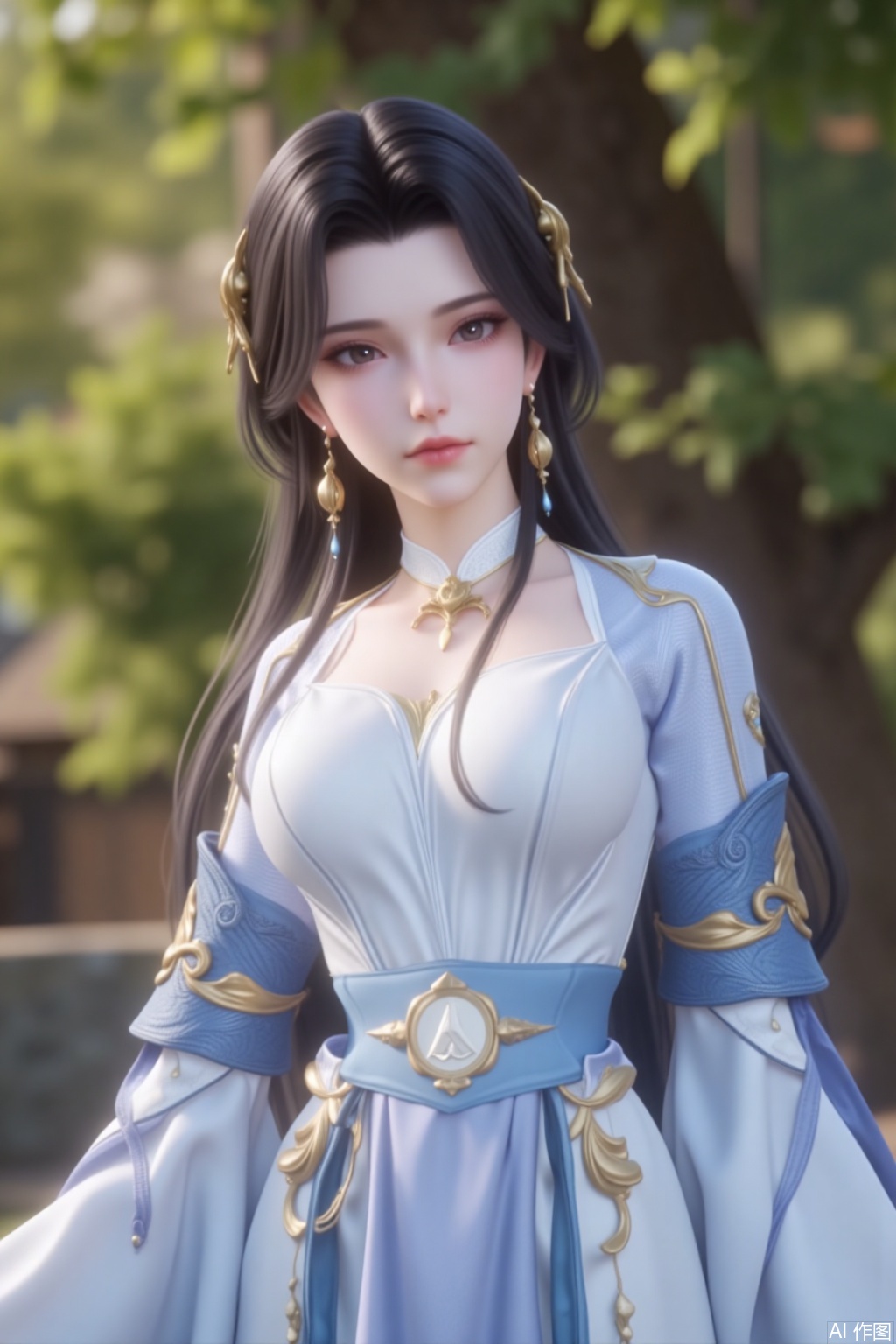 1girl, solo, long hair, black hair, hair ornament, long sleeves, dress, jewelry, earrings, Outdoor,chuchu,looking at viewer,mole under eye,closed mouth