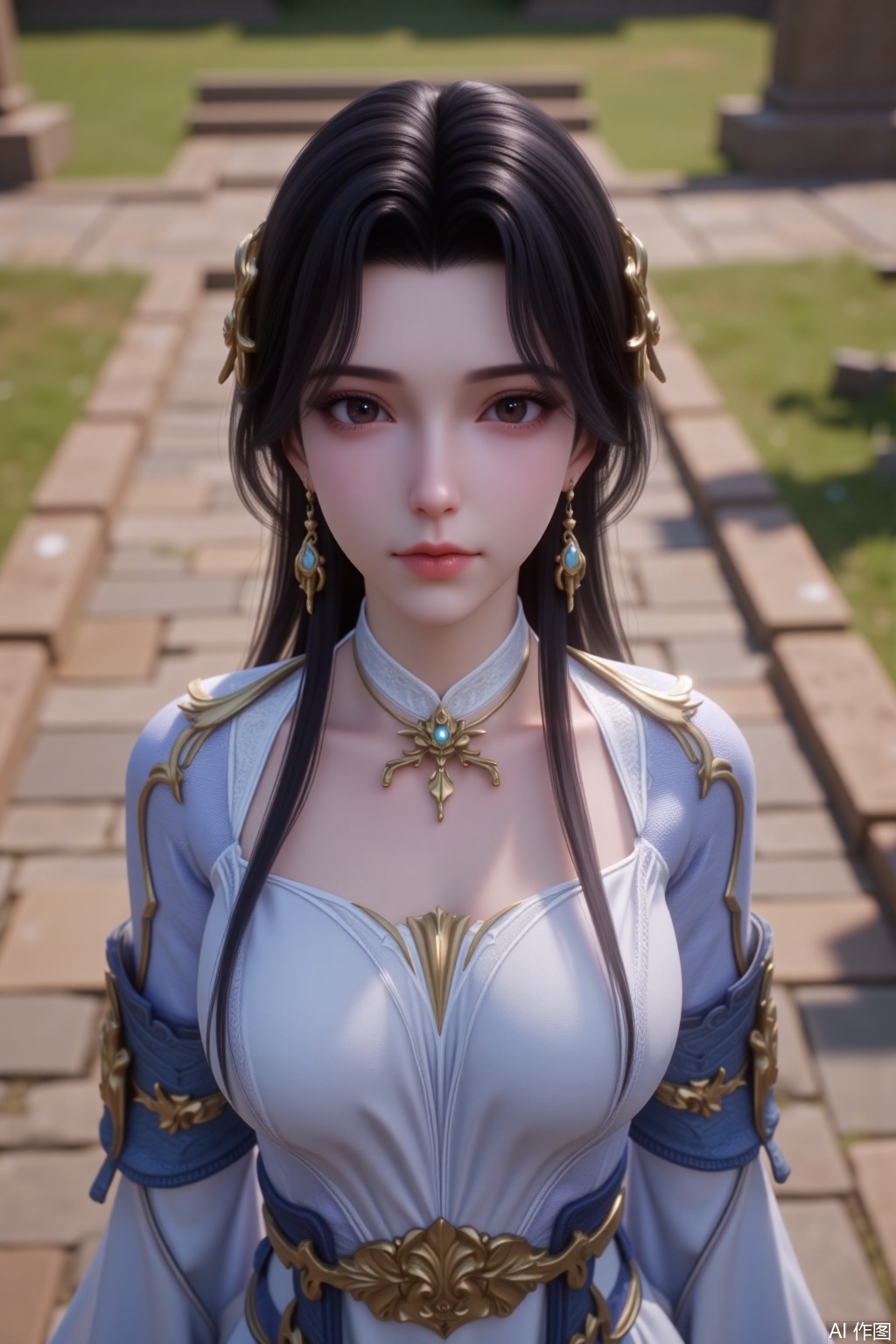 1girl, solo, long hair, black hair, hair ornament, long sleeves, dress, jewelry, earrings, Outdoor,chuchu,looking at viewer,mole under eye,closed mouth