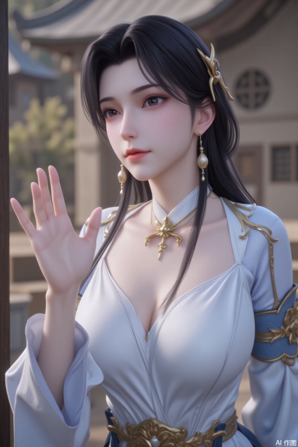 1girl, solo, long hair, black hair, hair ornament, long sleeves, dress, jewelry, earrings, Outdoor,chuchu,looking at viewer,mole under eye,teeth,Super high resolution, masterpiece, attention to detail, highest quality, 8K, Silver hair, (big chest, charming figure, super fine skin, beautiful eyes, detailed background), (staring at the glass, pressing your chest on the glass, putting your hands on the glass, breasts on the glass: 1.5)