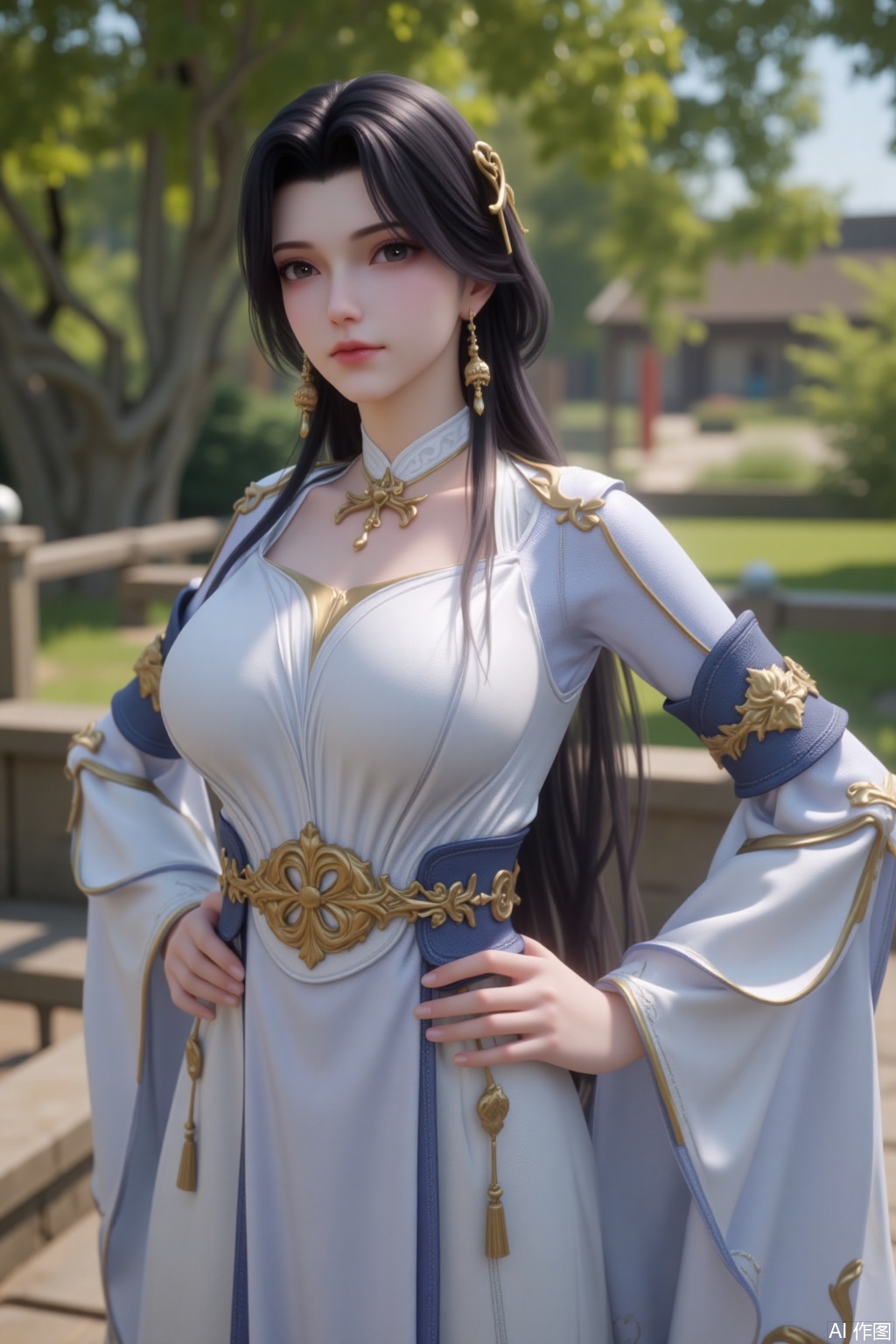 1girl, solo, long hair, black hair, hair ornament, long sleeves, dress, jewelry, earrings, Outdoor,chuchu,looking at viewer,mole under eye,closed mouth,hands on hips