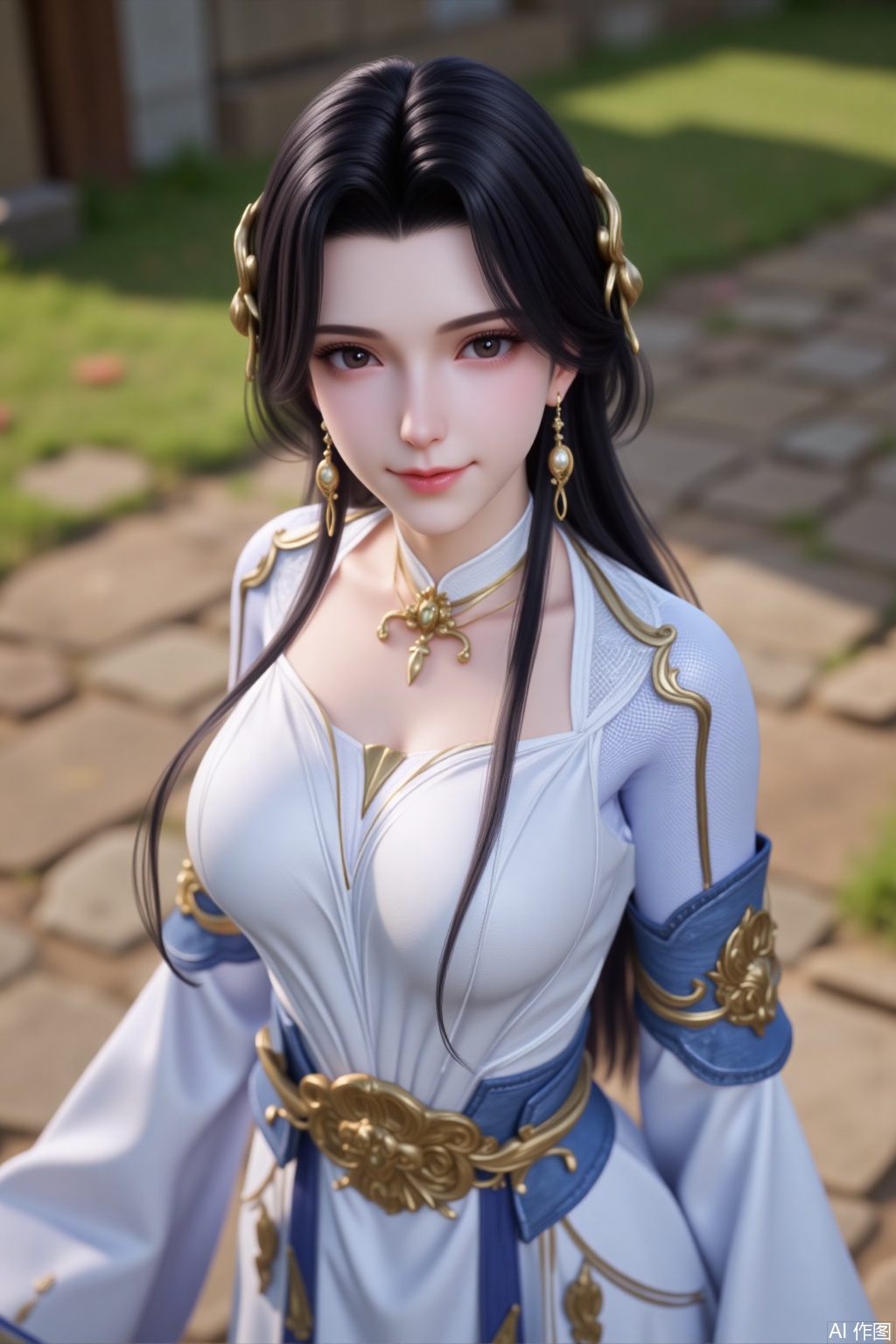 1girl, solo, long hair, black hair, hair ornament, long sleeves, dress, jewelry, earrings, Outdoor,chuchu,looking at viewer,mole under eye,smile