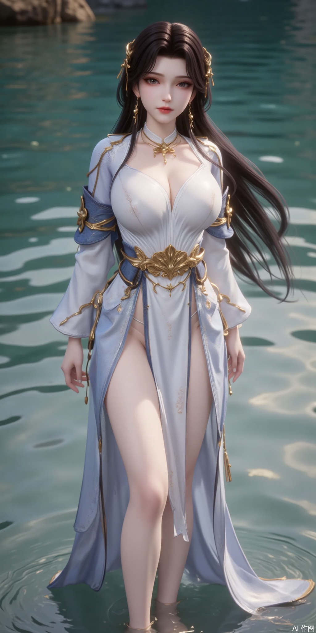 Prompt: masterpiece, best quality, ultra-detailed, detailed pupils, photography, pale, realistic skin texture, stunning details, masterpiece, best quality, ultra-detailed, detailed pupils, photography, pale, realistic skin texture,HD, ultra HD, 16K high quality, highest picture quality, masterpiece, master masterpiece, top CG rendering, realistic, real texture, real photos, cinematic, high quality, studio lighting, full body, long legs, good figure, real photos, cinematic, high quality, studio lighting,HD, 32k, best quality, 8k,,,,,,,,,A serene Asian beauty with a perfect physique, enveloped by water. She stands in the shallow end, her long hair flowing like seaweed, with a flowing shirt that wraps around her torso, completely covering her chest. The soft ripples of the water create a sense of calm, as she gazes out at the viewer with a peaceful expression.,chuchu