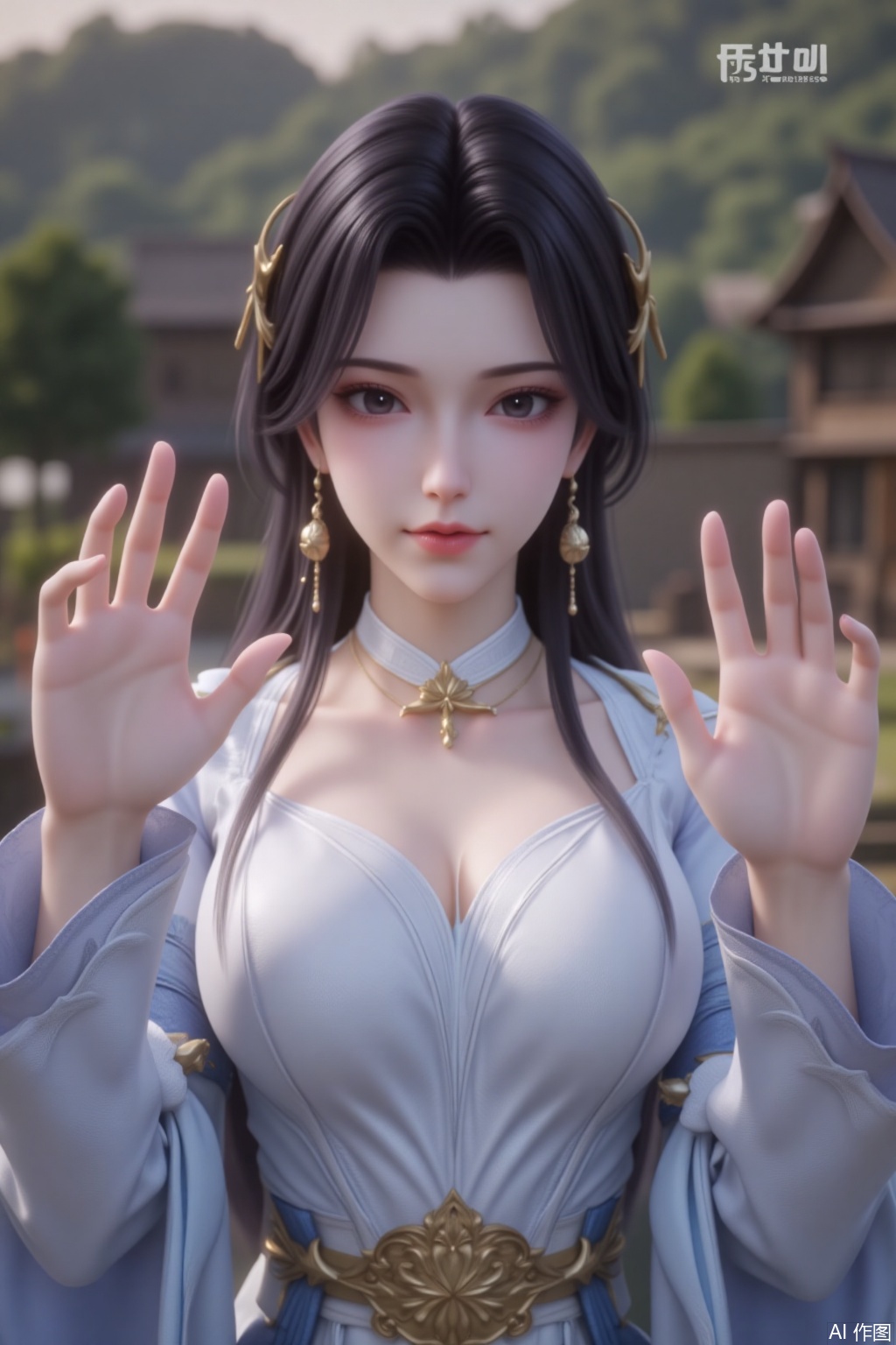 1girl, solo, long hair, black hair, hair ornament, long sleeves, dress, jewelry, earrings, Outdoor,chuchu,looking at viewer,mole under eye,teeth,Super high resolution, masterpiece, attention to detail, highest quality, 8K, Silver hair, (big chest, charming figure, super fine skin, beautiful eyes, detailed background), (staring at the glass, pressing your chest on the glass, putting your hands on the glass, breasts on the glass: 1.5)