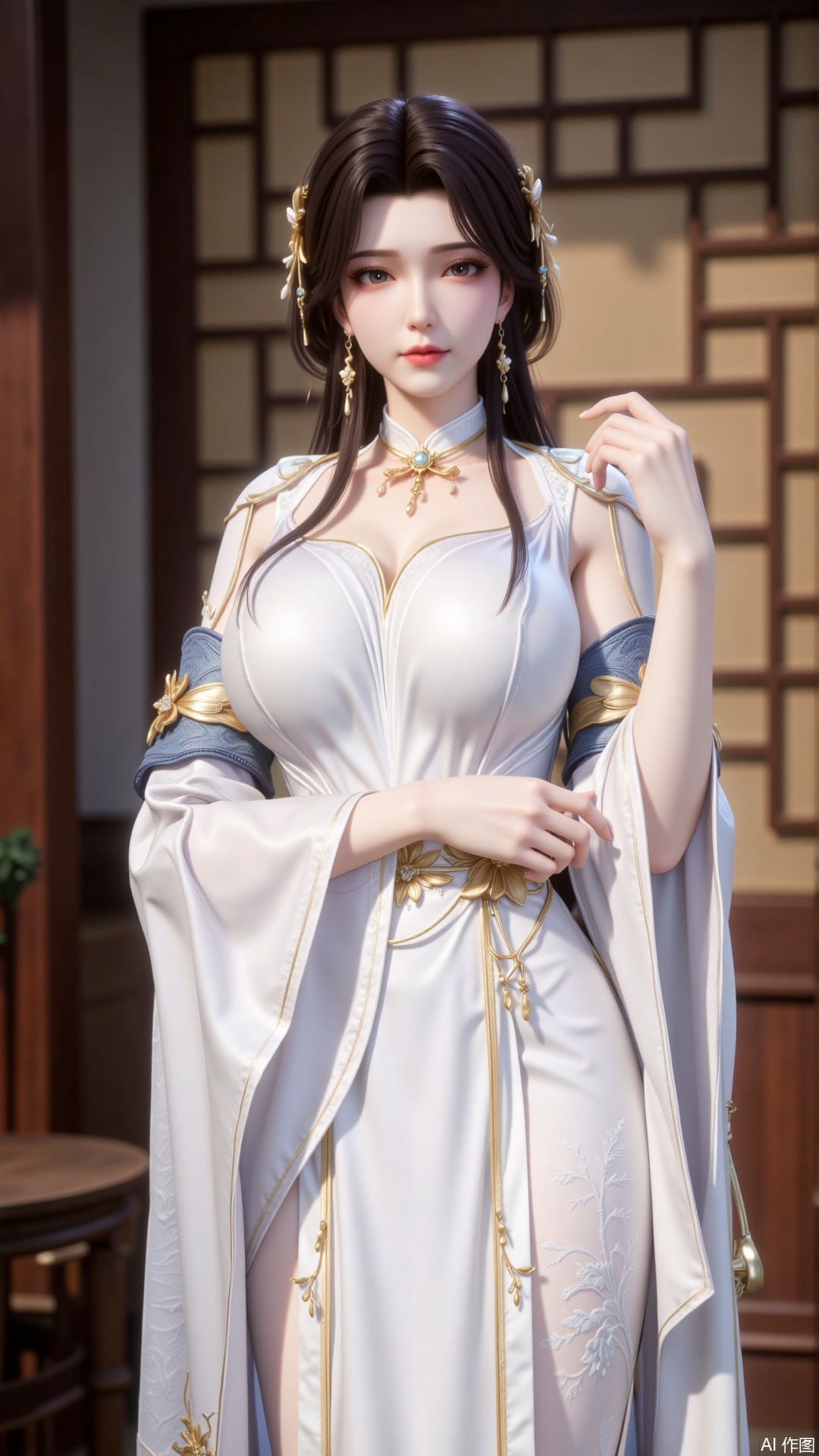 bright analog film style,fine detail,yige,An Asian female star,AJFQP,AJFQP,Realistic Skin,AJFCY,A beautifully styled portrait featuring a character in a stunning,intricately embroidered white cheongsam,showcasing elegance and traditional charm. The dress is adorned with delicate floral patterns and sequins,reflecting light and adding a luxurious touch. The background features a soft-focus wooden lattice design,creating depth and a cultural ambiance. The lighting is warm and natural,enhancing the texture of the fabric and the intricate details of the outfit. The character poses gracefully with one hand gently holding part of the dress,displaying a poised and confident expression. Accessories include floral hairpins and earrings that complement the outfit,further enhancing the overall aesthetic,closed mouth,Detailed hand,Detailed feet,posing,detailed image,perfection style,hle,girl,chuchu