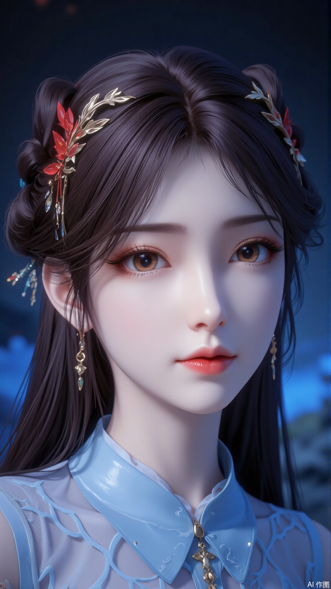, minimalism, surrealism, national style, advanced, color contrast, grotesque aesthetics, Chinese aesthetics, melancholy, sense of atmosphere, rhapsody in the universe, half-length close-up, portrait is blue, with blue hairpin, blue mixed with black, blue is the light, light and atmosphere born in the dark,1girl,,huolinger,hle