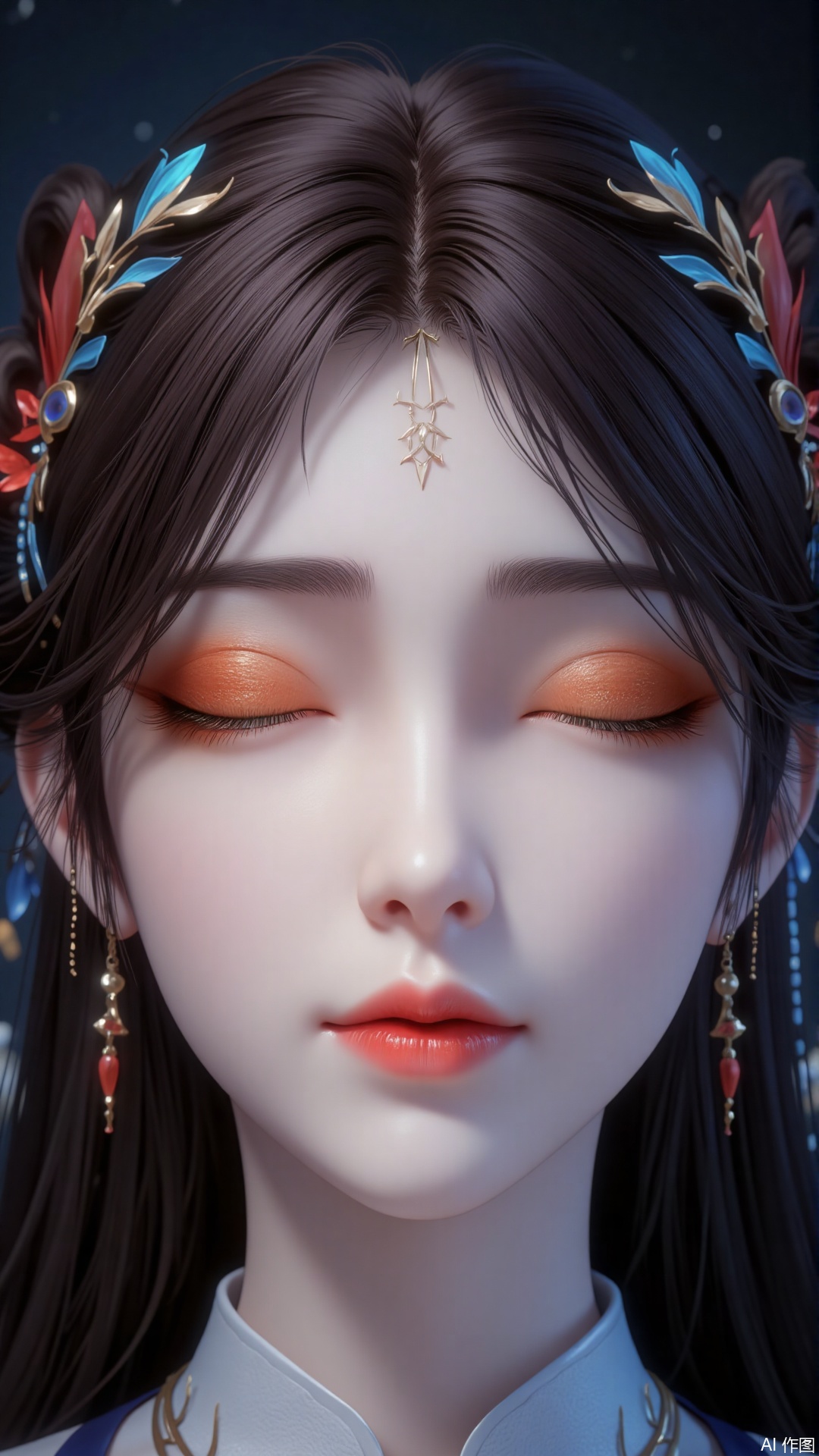 , minimalism, surrealism, national style, advanced, color contrast, grotesque aesthetics, Chinese aesthetics, melancholy, sense of atmosphere, rhapsody in the universe, half-length close-up, portrait is blue, with blue hairpin, blue mixed with black, blue is the light, light and atmosphere born in the dark,1girl,Orange eye shadow,,huolinger,hle,eyes closed,eyeshadow,forehead tattoo,Exquisite face makeup,Exotic customs,peacock feathers,eyes closed