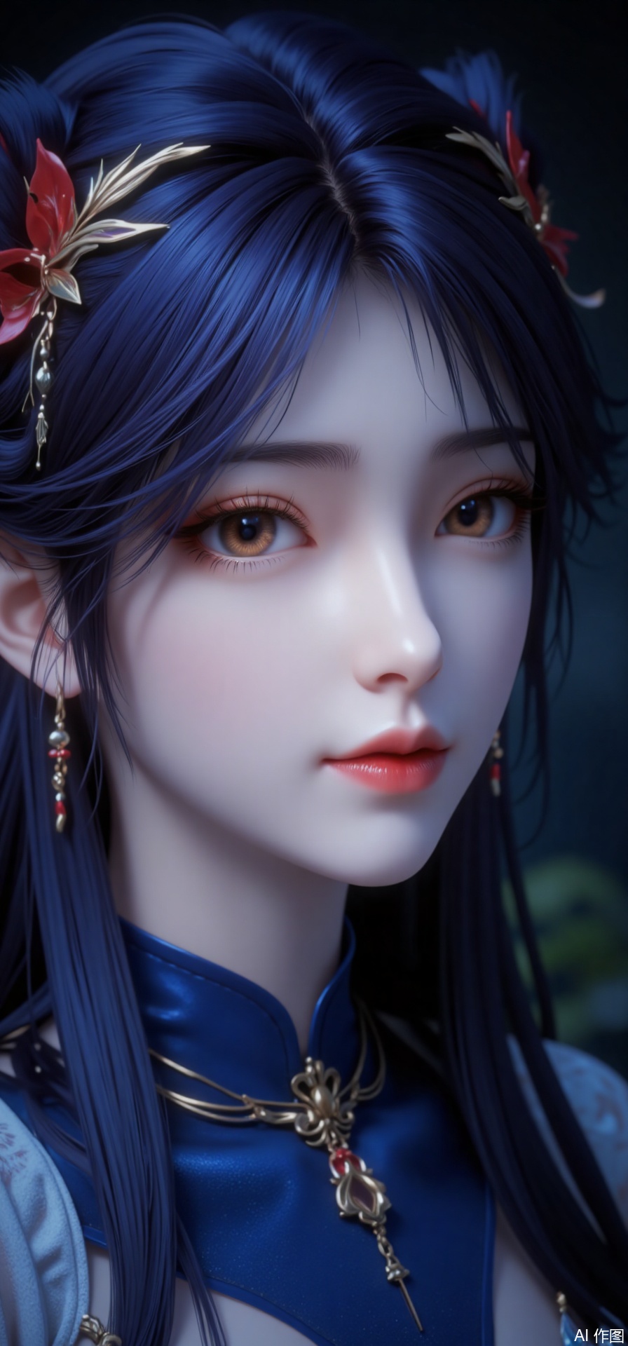 , minimalism, surrealism, national style, advanced, color contrast, grotesque aesthetics, Chinese aesthetics, melancholy, sense of atmosphere, rhapsody in the universe, half-length close-up, portrait is blue, with blue hairpin, blue mixed with black, blue is the light, light and atmosphere born in the dark,1girl,,huolinger,hle