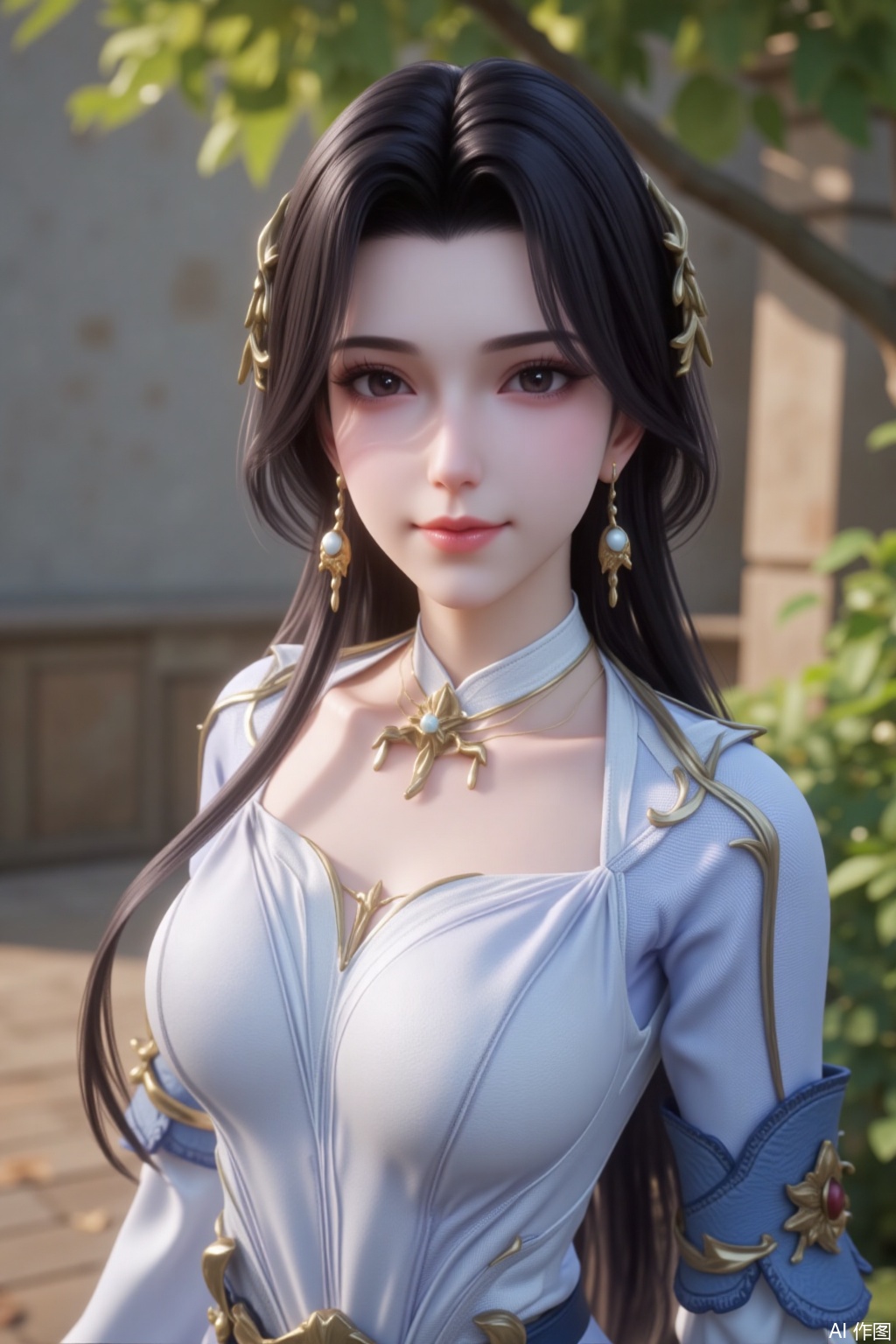 1girl, solo, long hair, black hair, hair ornament, long sleeves, dress, jewelry, earrings, Outdoor,chuchu,looking at viewer,mole under eye,smile