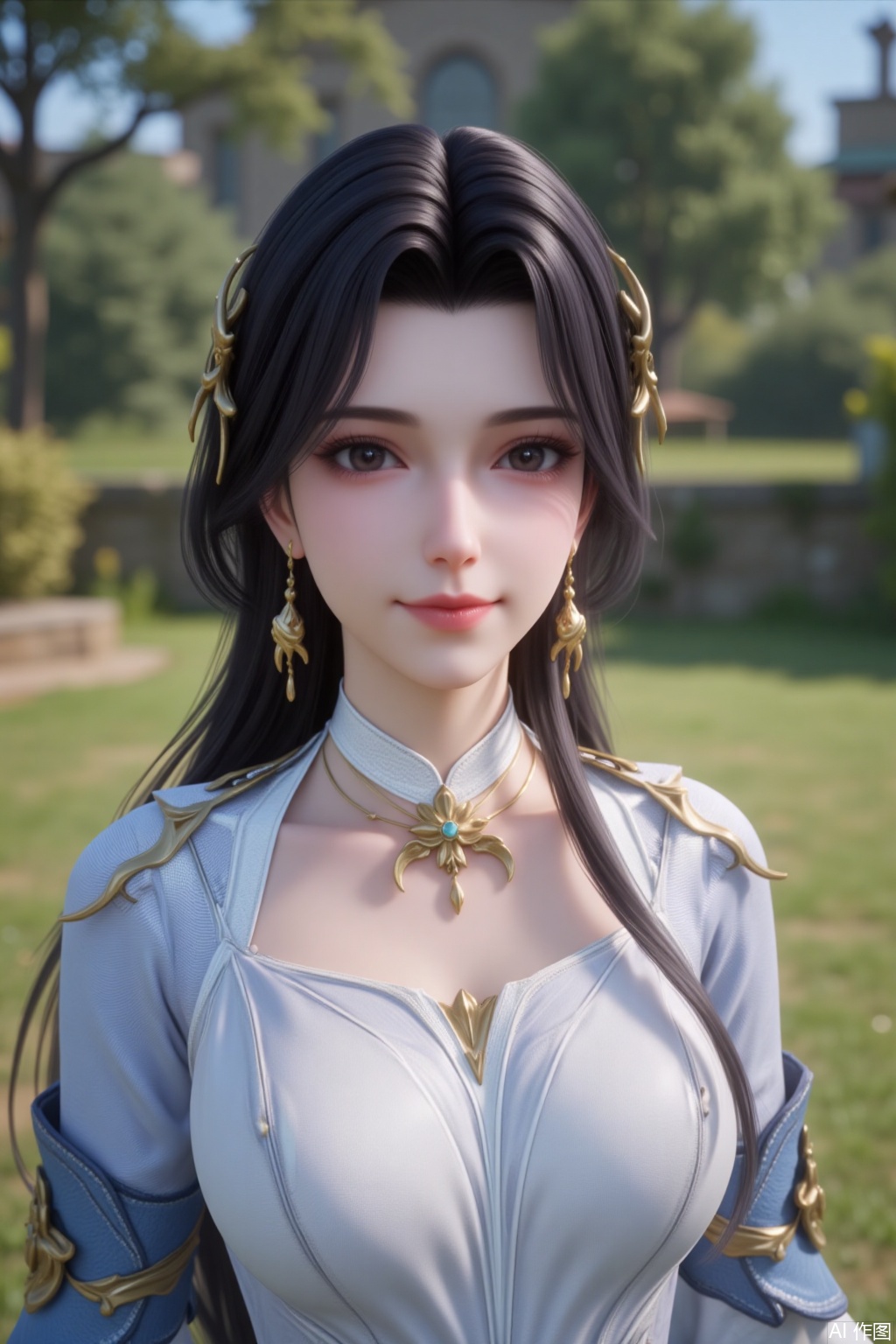 1girl, solo, long hair, black hair, hair ornament, long sleeves, dress, jewelry, earrings, Outdoor,chuchu,looking at viewer,mole under eye,smile