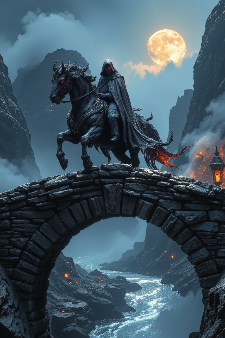 A terrifying Nazgûl riding a dark,  shadowy horse across a weathered,  ancient stone bridge. The Nazgûl on Tensor.Art