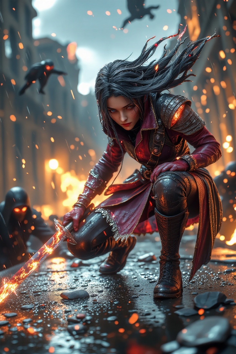 A dynamic 3D game cinematics still render from a low angle,  capturing a powerful female cyberpunk samurai crouching low o...