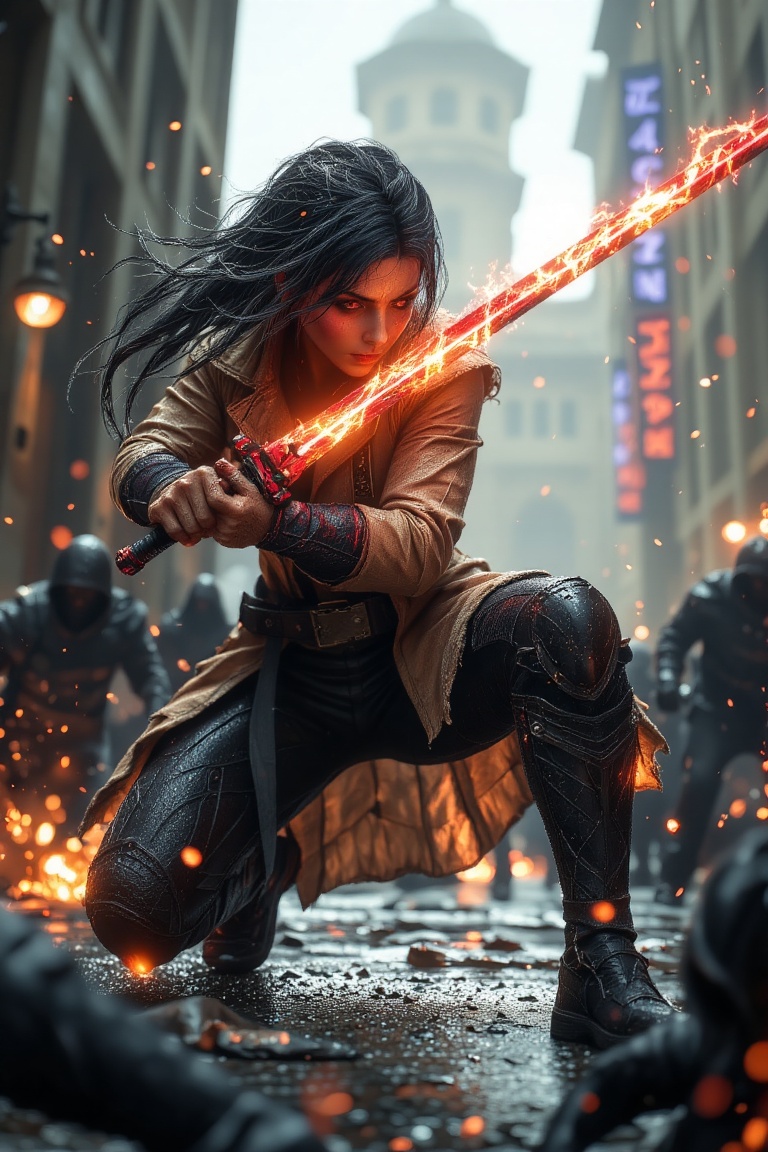 A dynamic 3D game cinematics still render from a low angle,  capturing a powerful female cyberpunk samurai crouching low o...
