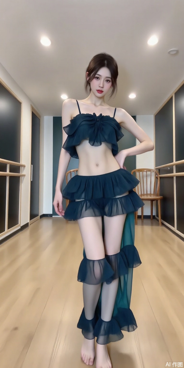 1 girls  in a dance training room,, long legs, wearing two-piece outfit consisting of a crop top and a skirt made of tulle. The top has a ruffled design and the skirt has multiple layers of ruffles cascading down the sides. looking directly at the camera with a serious expression.Face the audience,YH