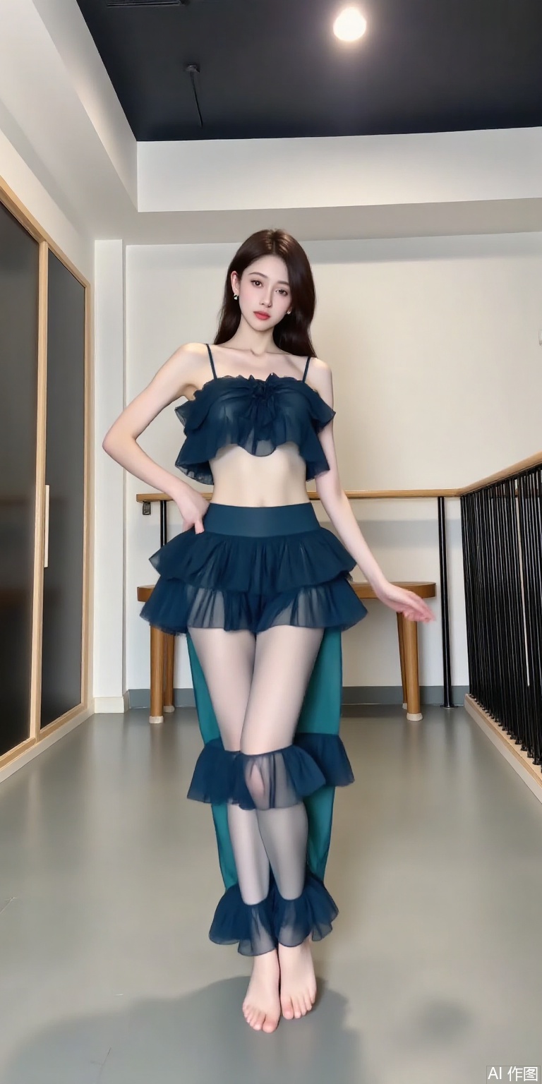 1 girls  in a dance training room,, long legs, wearing two-piece outfit consisting of a crop top and a skirt made of tulle. The top has a ruffled design and the skirt has multiple layers of ruffles cascading down the sides. looking directly at the camera with a serious expression.Face the audience,YH