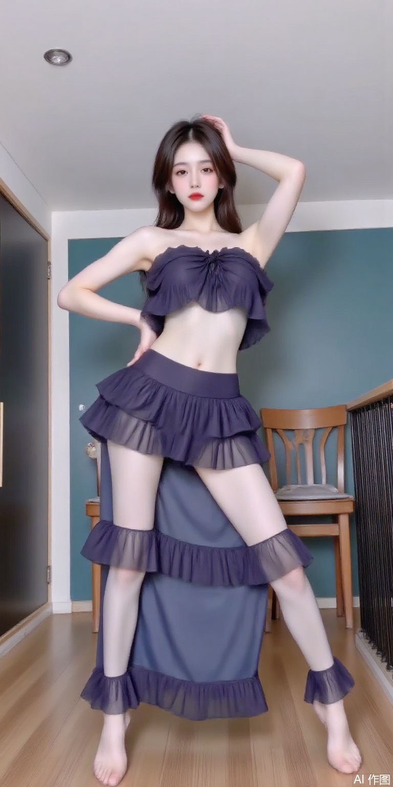 1 girls  in a dance training room,, long legs, Purple clothes,wearing two-piece outfit consisting of a crop top and a skirt made of tulle. The top has a ruffled design and the skirt has multiple layers of ruffles cascading down the sides. looking directly at the camera with a serious expression.Face the audience,YH,mn