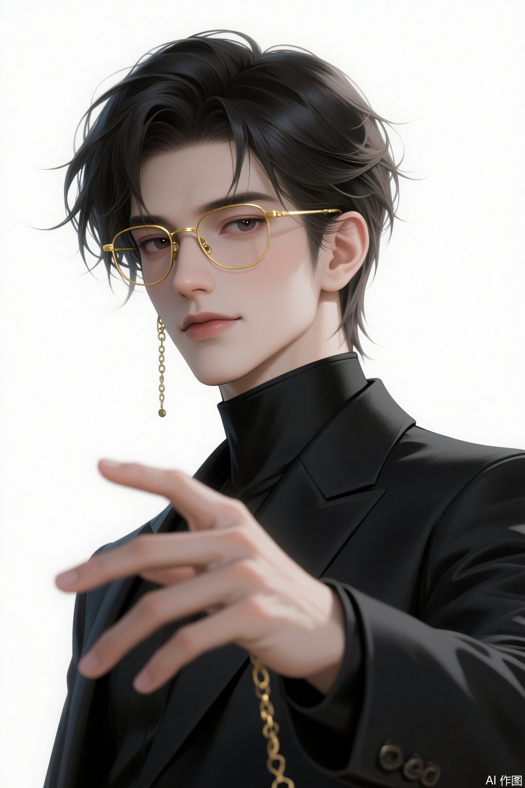 High - quality anime - style digital artwork. A young man with tousled dark hair, wearing a sleek black suit jacket over a black shirt. He sports elegant gold - rimmed glasses with a chain hanging from one side. His expression is calm and confident, and he is extending his right hand forward, with fingers slightly spread. The background is plain white, which makes the character stand out prominently. The illustration features smooth gradients, fine - detailed textures of the clothing, and realistic rendering of the skin and hair.