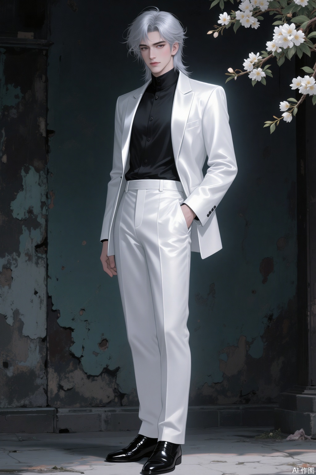 Anime - style digital artwork. A character with silver - gray tousled hair, exuding an air of aloof elegance. He is dressed in a sleek, shiny white suit, consisting of a tailored blazer and matching trousers, paired with a black, high - collared shirt underneath. Completing the look are polished black leather shoes. The background features a weathered, dark wall with peeling paint and branches adorned with white blossoms, adding a touch of delicate contrast to the scene. High - resolution, with meticulous attention to lighting and texture for a realistic and striking visual effect.,1boy
