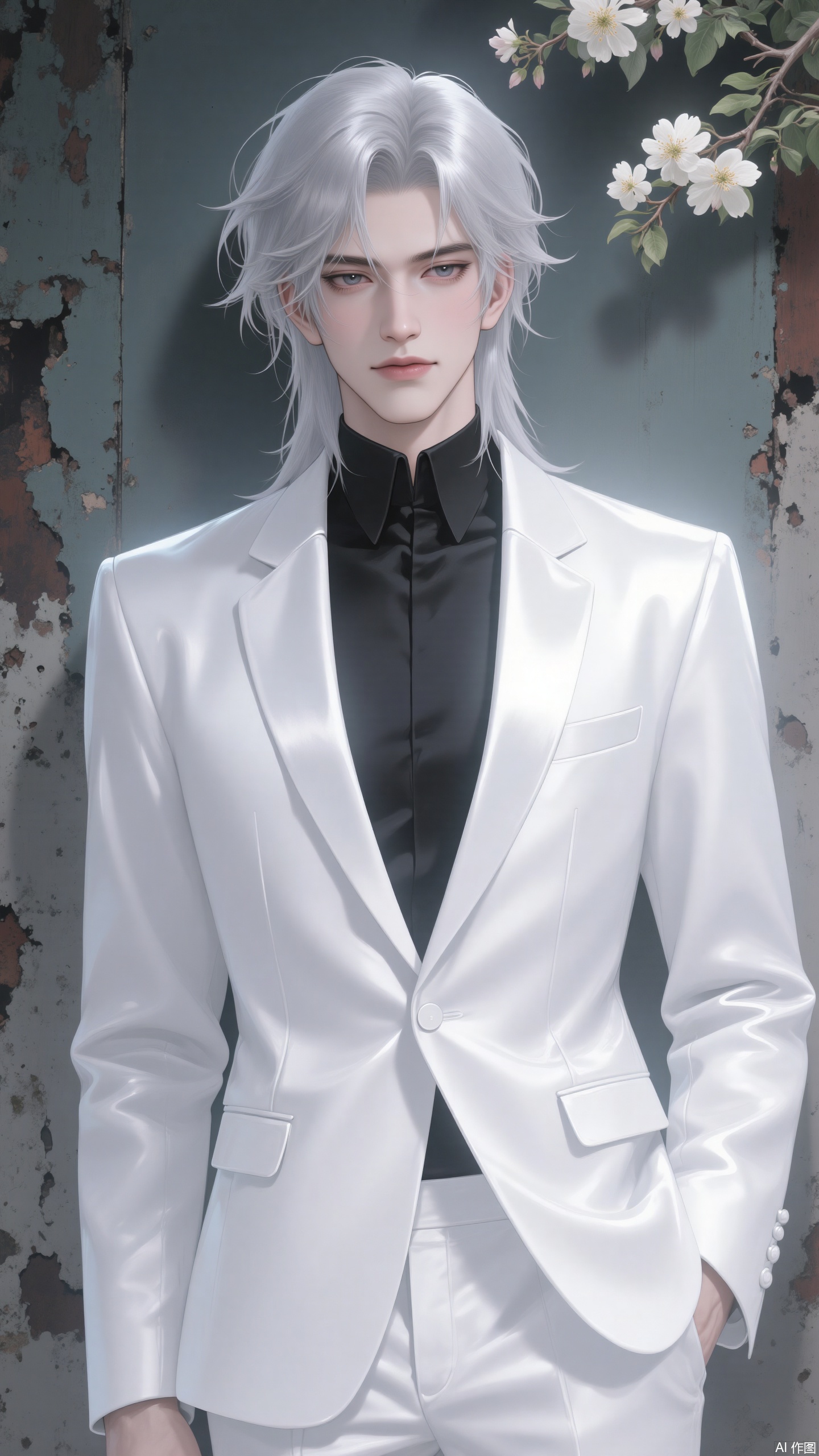 Anime - style digital illustration of a man with tousled silver - gray hair. He has a composed expression and fair skin. He is wearing a sleek, shiny white single - breasted suit jacket over a black shirt. The background features a weathered, peeling wall with branches of white flowering plants adding a touch of elegance, rendered in high - resolution, 8K quality.