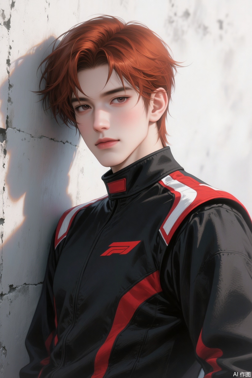 High - quality anime - style digital illustration. A young man with tousled reddish - brown hair leans against a weathered white wall. He has a composed expression, with soft, natural - looking features and a hint of blush on his cheeks. He is dressed in a sleek racing - style jacket, predominantly black with bold red and white stripes. The jacket has a high collar and a red logo on the chest. The lighting creates a dynamic shadow, adding depth to the scene, and the background is softly blurred, emphasizing the character. The illustration showcases smooth gradients and meticulous attention to fabric texture.