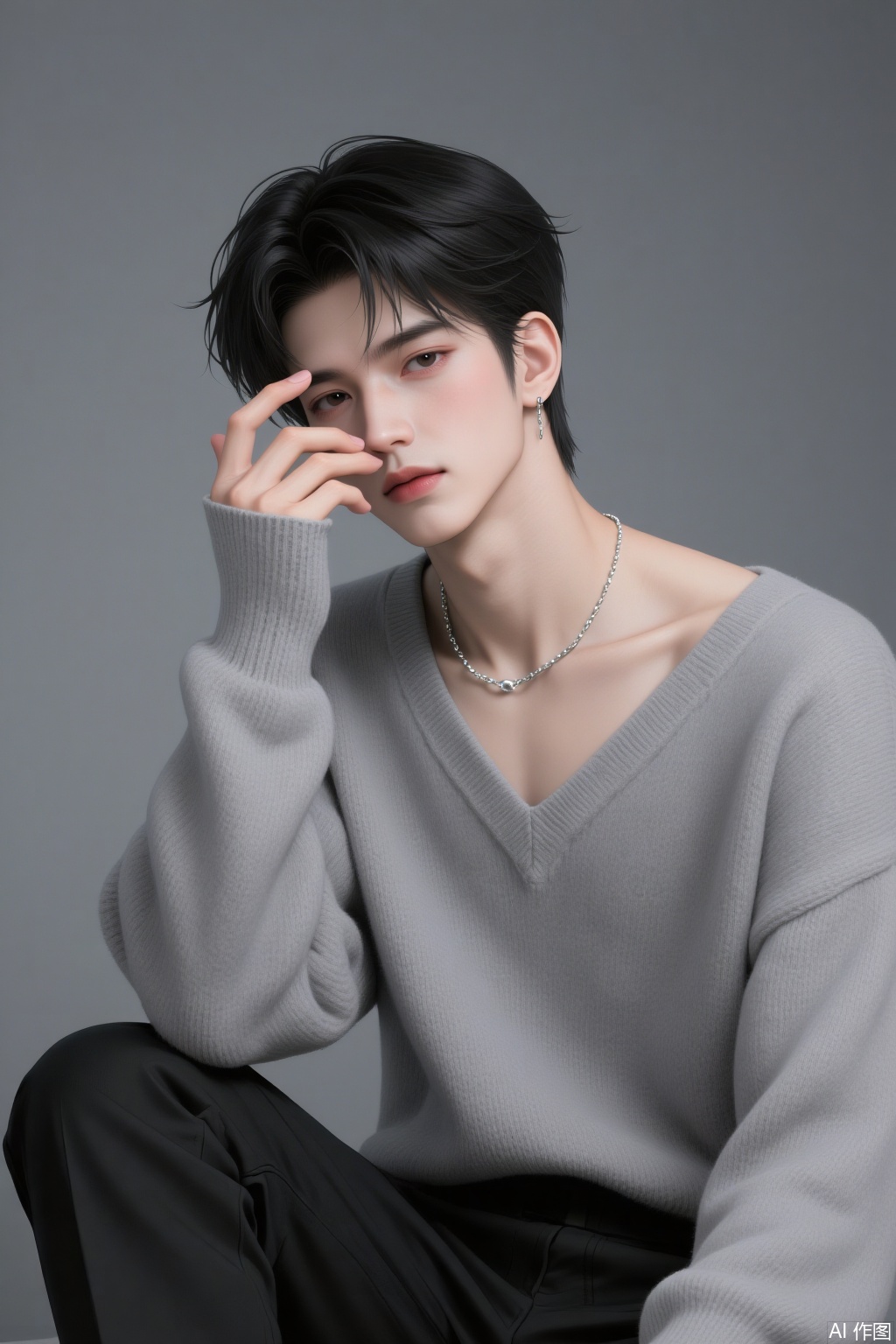 A young man with dark, tousled hair is seated. He is wearing a loose - fitting, light gray V - neck sweater and black pants. His left hand is raised, fingers gently touching his forehead in a contemplative pose. He sports a small, elegant earring on his left ear and a delicate silver chain necklace with a pendant around his neck. The background is a plain, gradient gray, which highlights his figure and attire, creating a calm and stylish atmosphere.