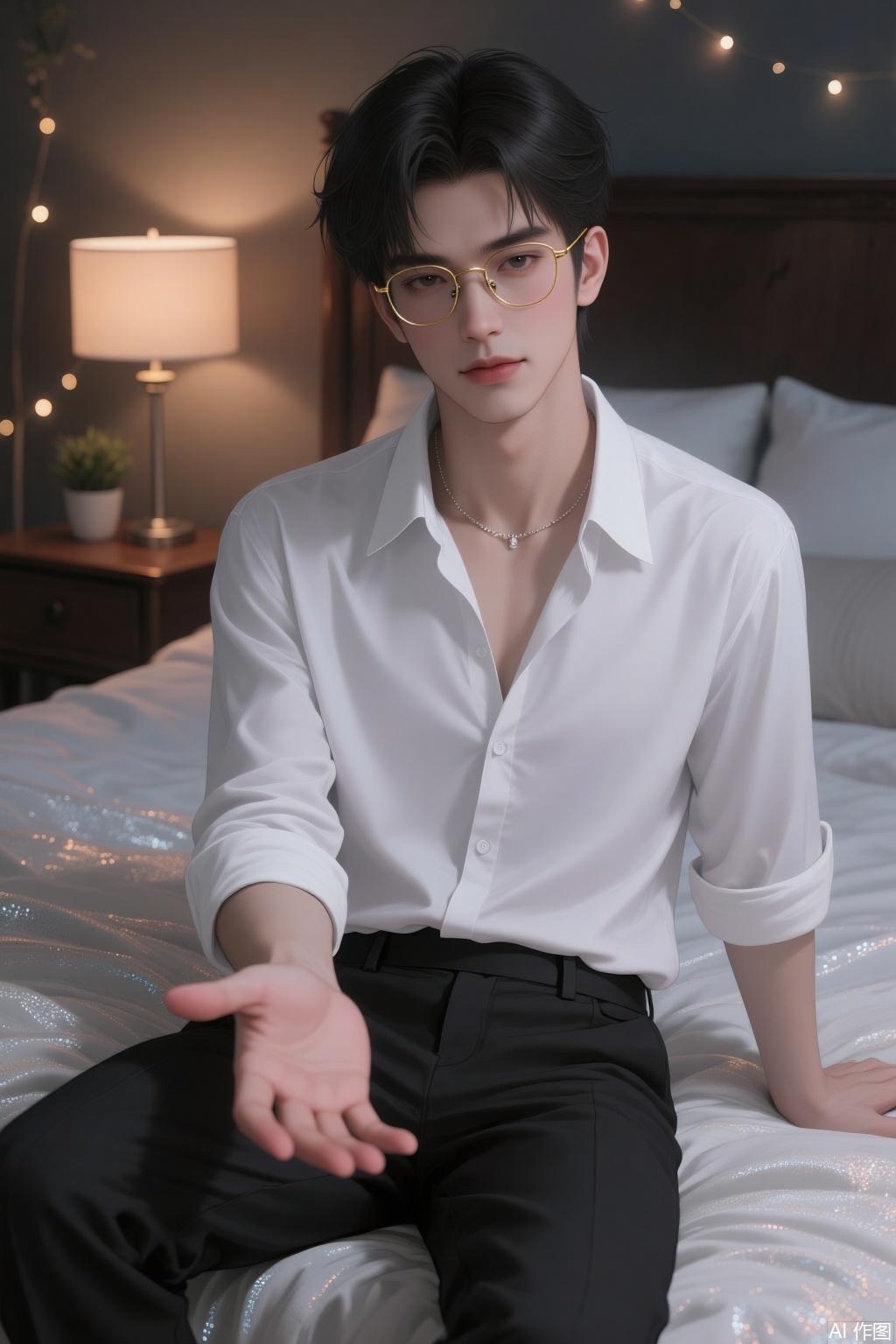 A young man sits on a bed, wearing a white button - up shirt and black pants. He has short dark hair and round glasses. A delicate necklace adorns his neck. His left hand rests on his thigh while his right hand extends outward, palm up, as if offering or inviting. The bed has white pillows and a glittery blanket. There's a wooden nightstand beside the bed. The background is softly lit with warm, ambient light and some twinkling lights, creating a cozy and inviting atmosphere.