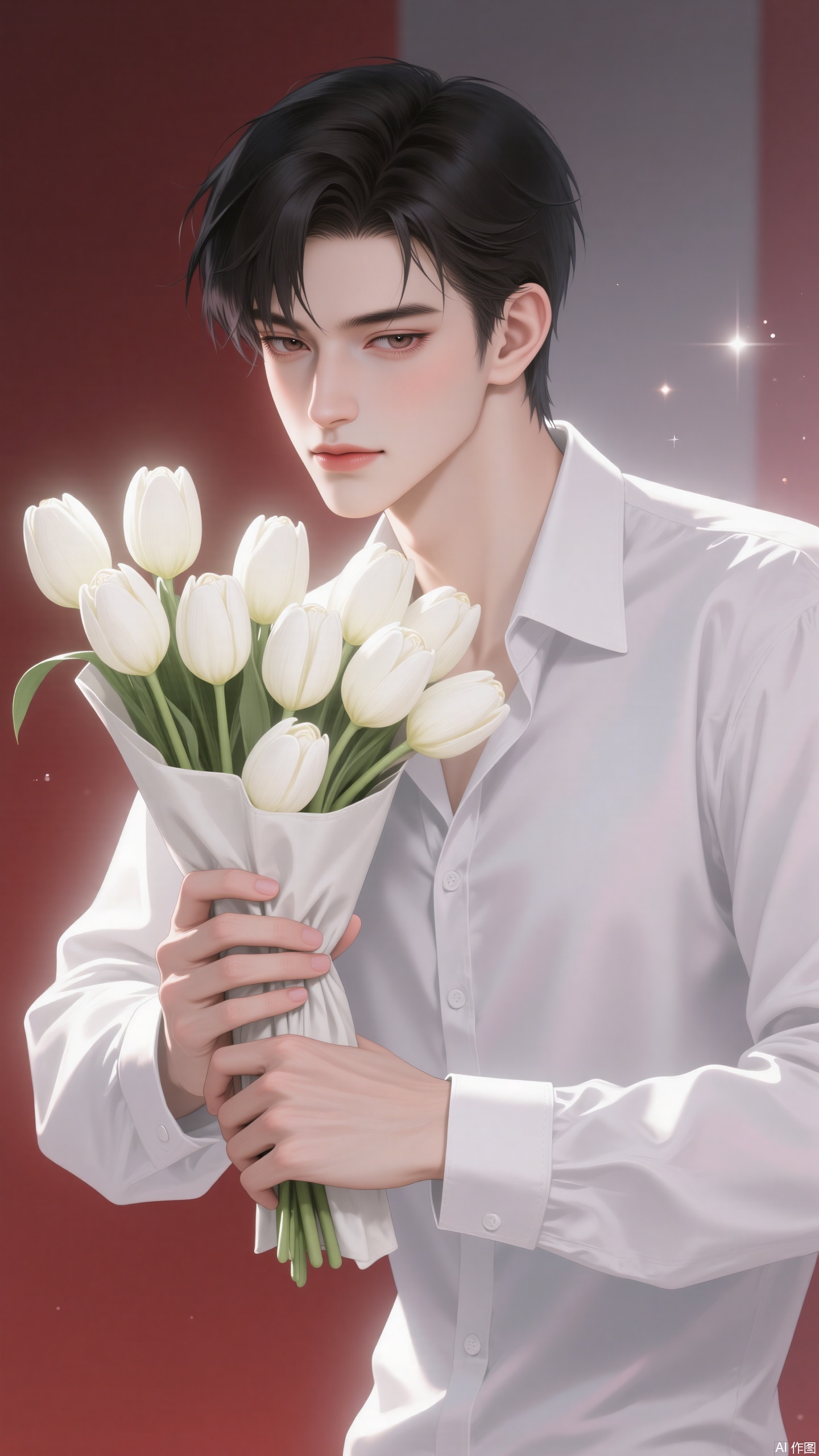 solo

looking at viewer

short hair

shirt

black hair

long sleeves

1boy

holding

brown eyes

white shirt

upper body

flower

male focus

collared shirt

gradient

gradient background

sparkle

white flower

red background

bouquet

holding bouquet

newspaper