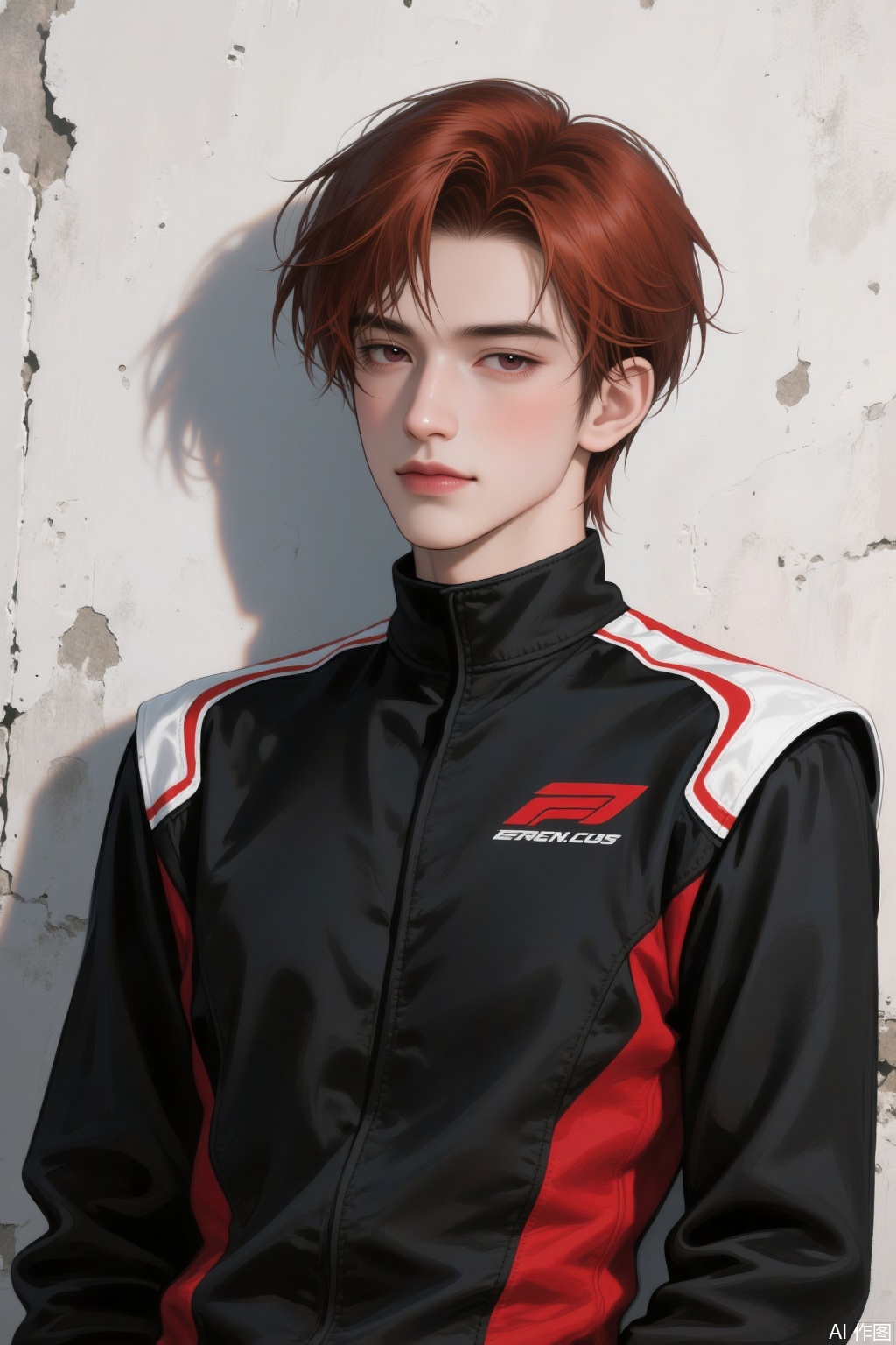 High - quality anime - style digital illustration. A young man with tousled reddish - brown hair leans against a weathered white wall. He has a composed expression, with soft, natural - looking features and a hint of blush on his cheeks. He is dressed in a sleek racing - style jacket, predominantly black with bold red and white stripes. The jacket has a high collar and a red logo on the chest. The lighting creates a dynamic shadow, adding depth to the scene, and the background is softly blurred, emphasizing the character. The illustration showcases smooth gradients and meticulous attention to fabric texture.