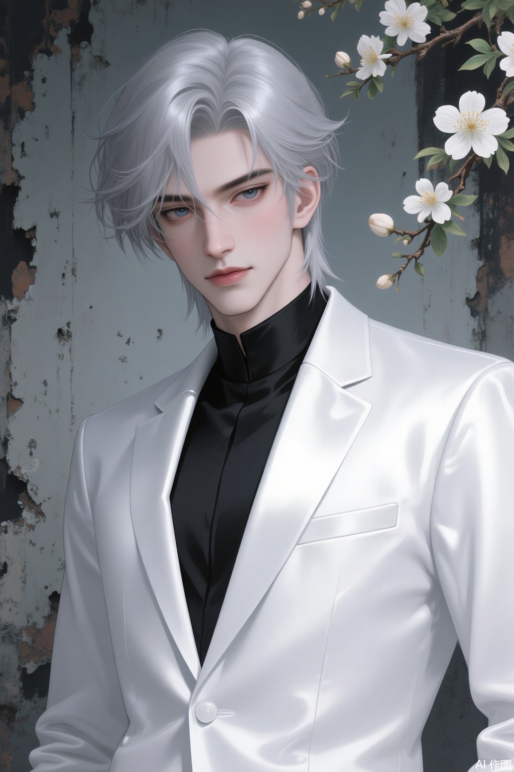 Anime - style digital illustration of a man with tousled silver - gray hair. He has a composed expression and fair skin. He is wearing a sleek, shiny white single - breasted suit jacket over a black shirt. The background features a weathered, peeling wall with branches of white flowering plants adding a touch of elegance, rendered in high - resolution, 8K quality.