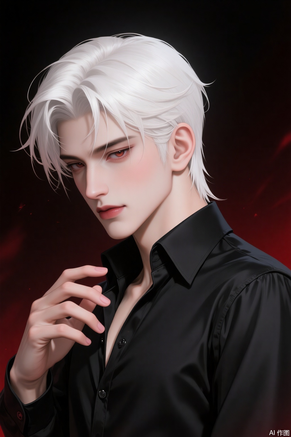 High - quality digital illustration in anime style. A young man with striking white hair, styled in soft, tousled waves. He has a chiseled face with sharp, well - defined features, including intense, reddish - brown eyes and a straight nose. His lips are full and slightly parted. He is wearing a black, silk - like dress shirt, partially unbuttoned at the collar, revealing a hint of his chest. One hand, with well - defined fingers, is gently touching the shirt near the buttons. The background is dark, with subtle red lighting that adds a dramatic and alluring atmosphere. The illustration showcases smooth gradients, realistic skin textures, and meticulous attention to detail.,1boy