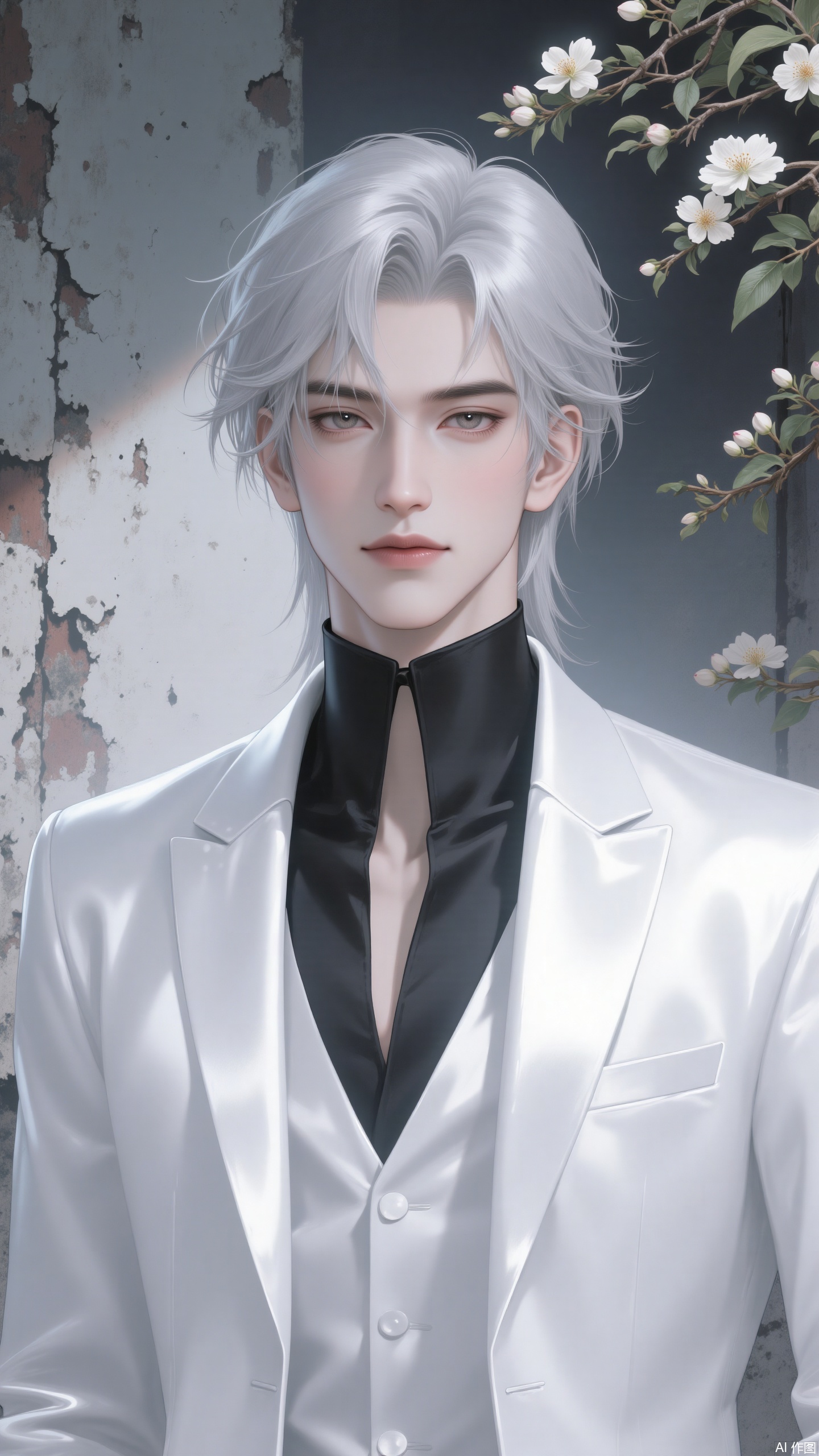 Anime - style digital illustration of a man with tousled silver - gray hair. He has a composed expression and fair skin. He is wearing a sleek, shiny white single - breasted suit jacket over a black shirt. The background features a weathered, peeling wall with branches of white flowering plants adding a touch of elegance, rendered in high - resolution, 8K quality.
