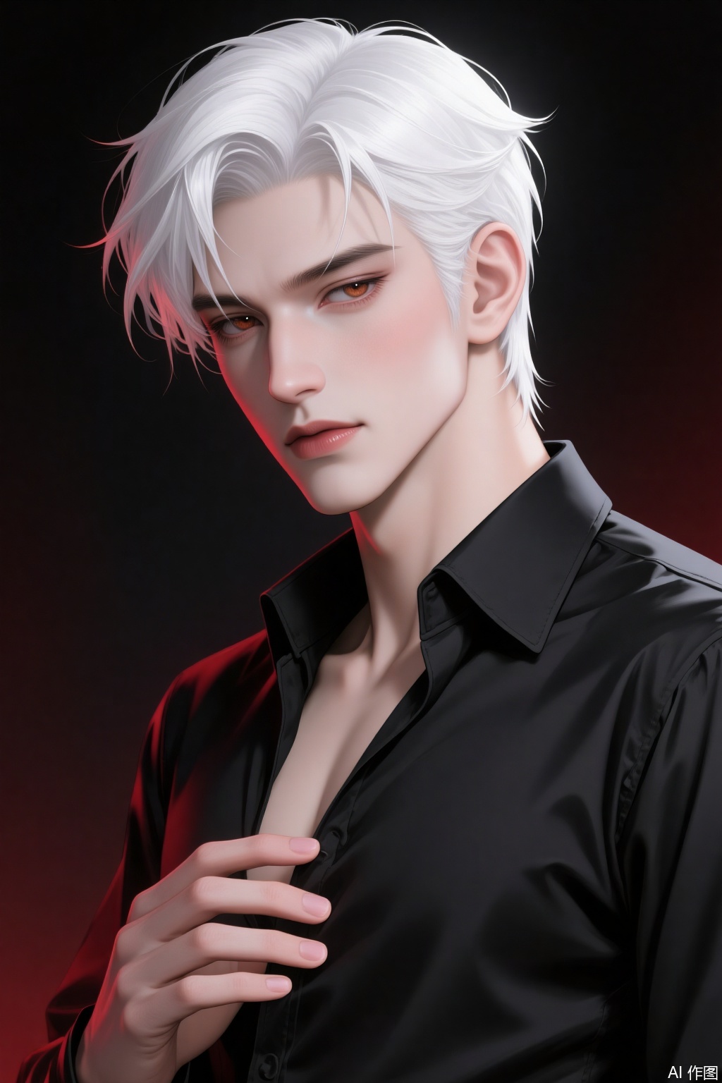 High - quality digital illustration in anime style. A young man with striking white hair, styled in soft, tousled waves. He has a chiseled face with sharp, well - defined features, including intense, reddish - brown eyes and a straight nose. His lips are full and slightly parted. He is wearing a black, silk - like dress shirt, partially unbuttoned at the collar, revealing a hint of his chest. One hand, with well - defined fingers, is gently touching the shirt near the buttons. The background is dark, with subtle red lighting that adds a dramatic and alluring atmosphere. The illustration showcases smooth gradients, realistic skin textures, and meticulous attention to detail.,1boy