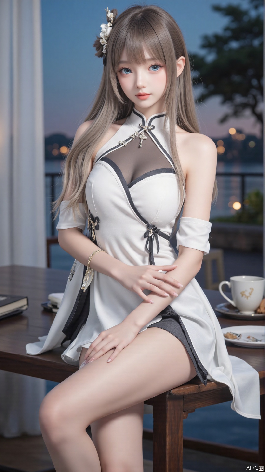 masterpiece,best quality,1girl, blue_eyes, bare shoulders, long hair, dress, sitting