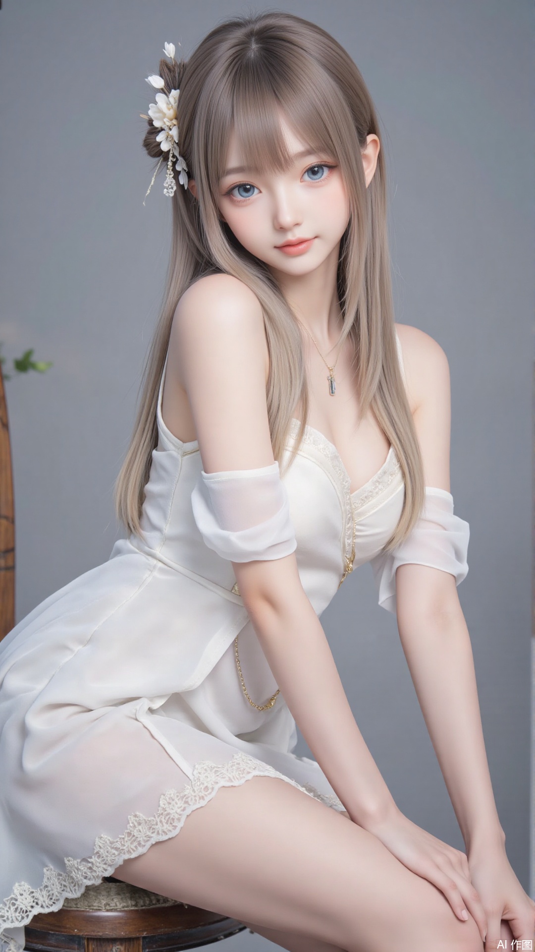 masterpiece,best quality,1girl, blue_eyes, bare shoulders, long hair, dress, sitting