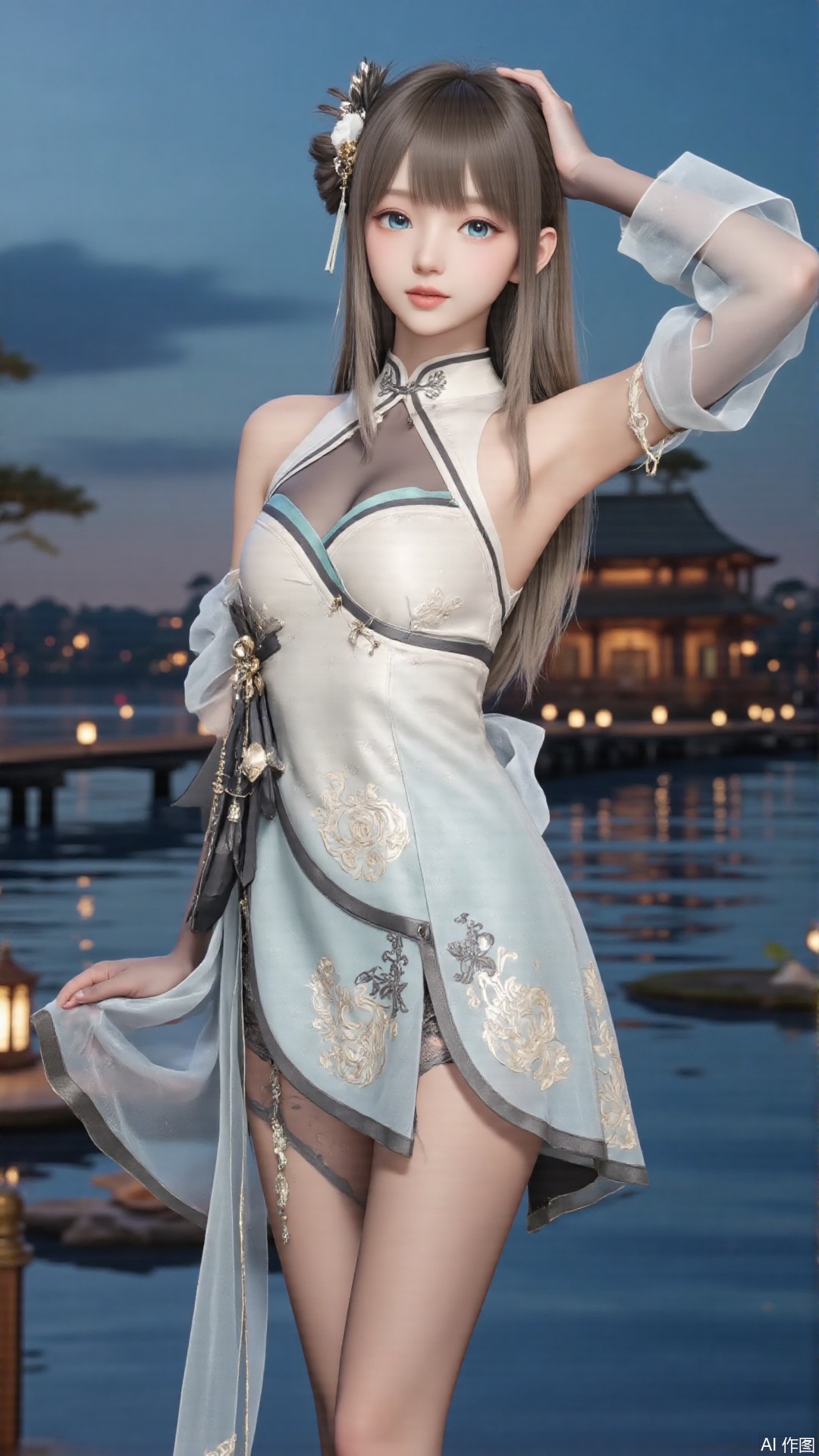 masterpiece,best quality,1girl, blue_eyes, long hair, dress, cowboy shot 