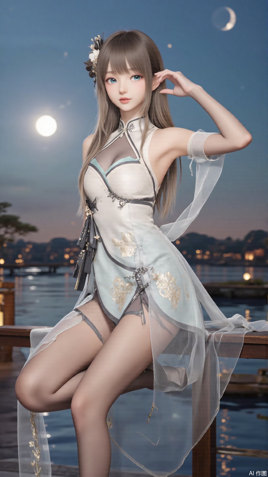 masterpiece,best quality,1girl, blue_eyes, bare shoulders, long hair, dress, sitting
