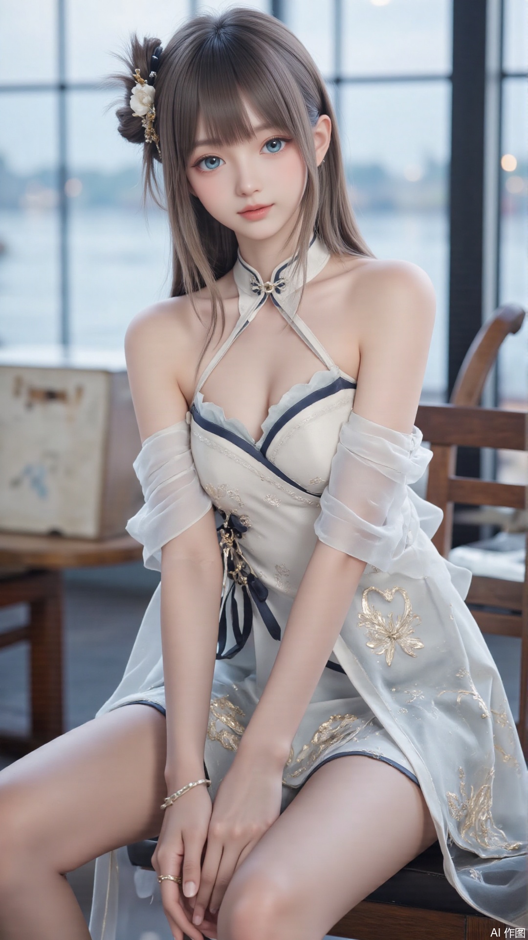 masterpiece,best quality,1girl, blue_eyes, bare shoulders, long hair, dress, sitting