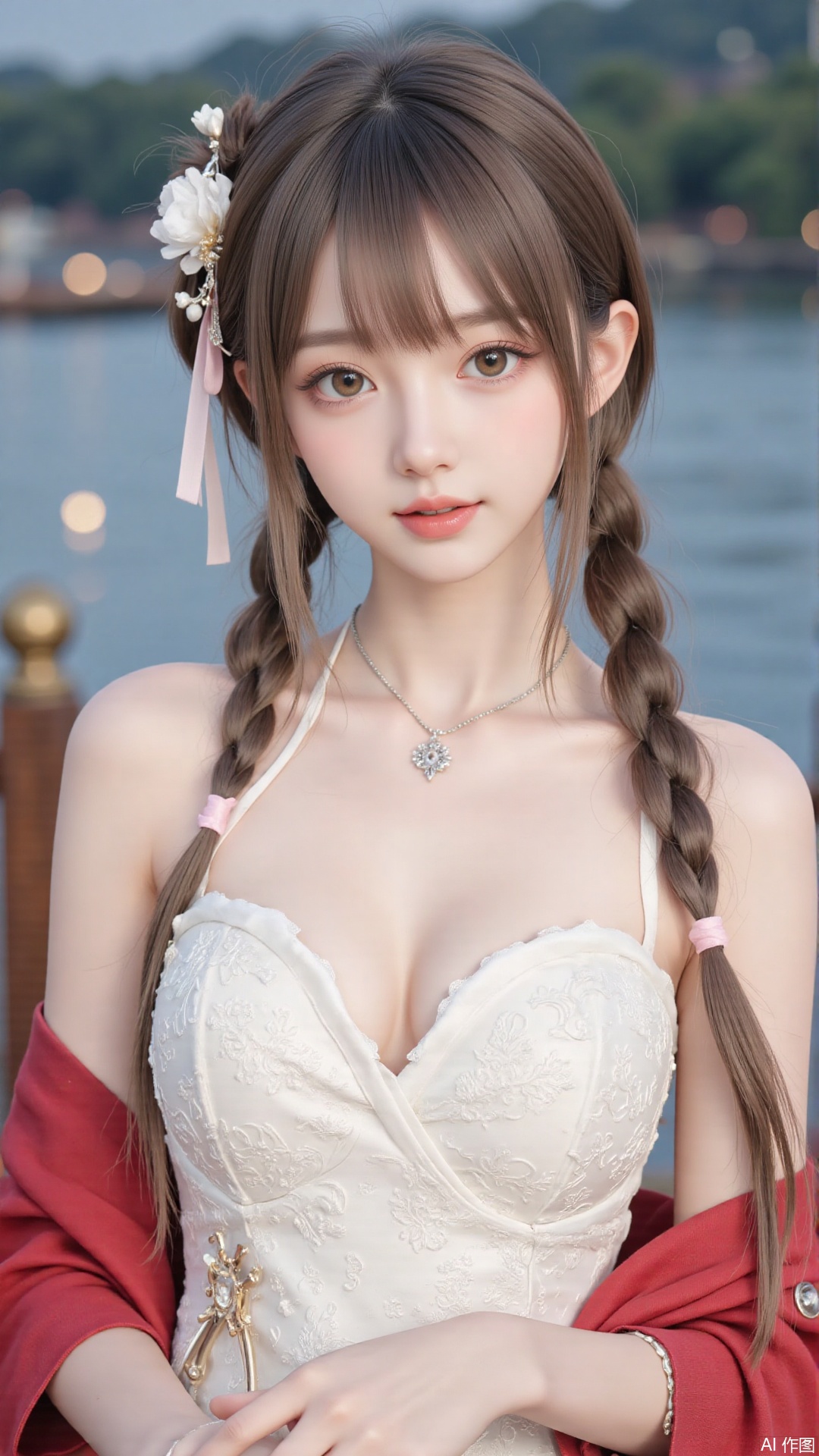 1girl,solo,jewelry,flower,hair flower,hair ornament,necklace,realistic,brown eyes,looking at viewer,dress,blurry background,twin braids,blurry,white dress,long hair,upper body,breasts,pink bow,red jacket,bare shoulders,lips,collarbone,outdoors,cleavage,large natural breast,soft breasts,huge Breasts