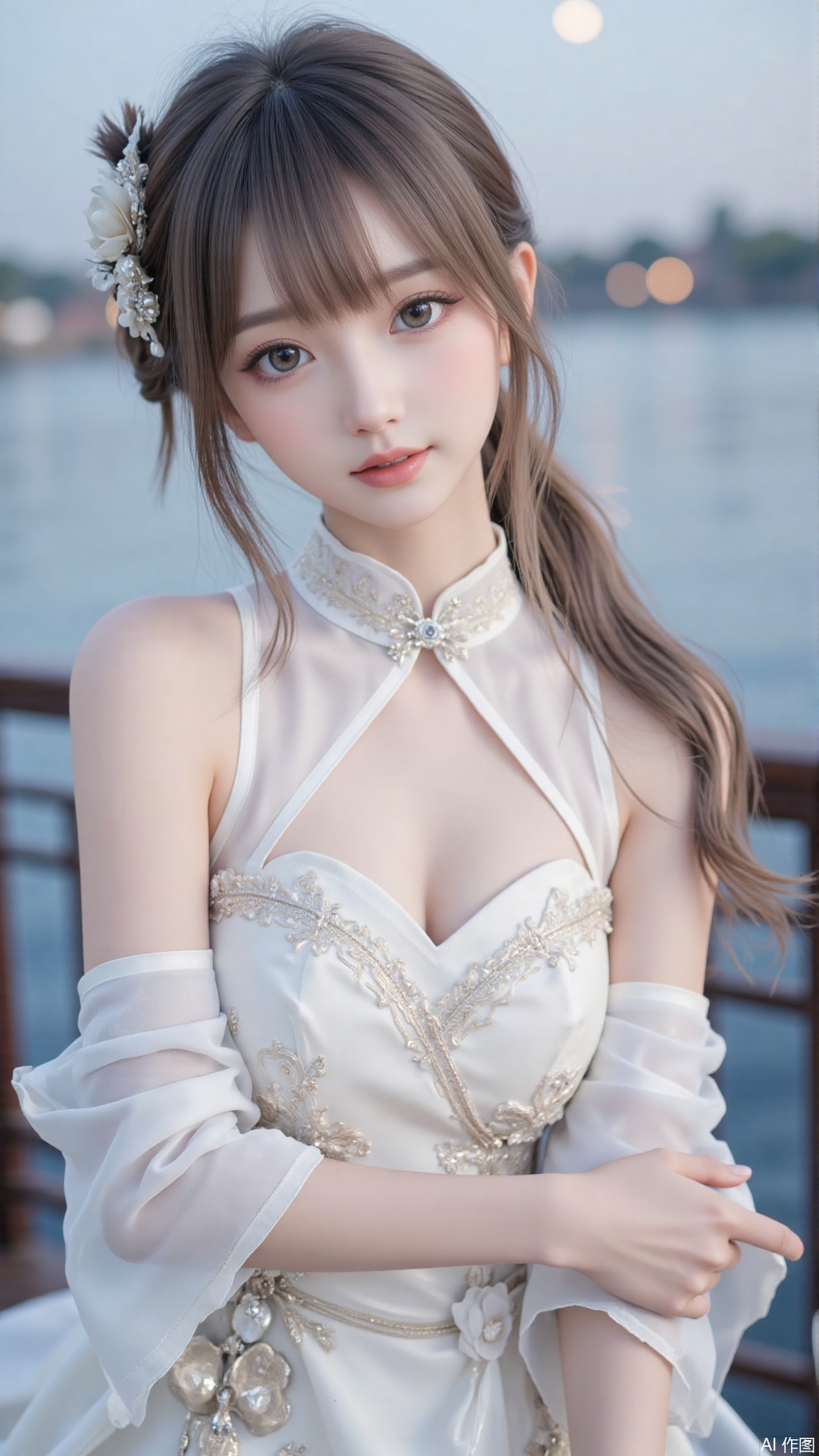 1girl, white wedding dress,looking at viewer, mischevious smile, perfect body, scenery, sharp focus, best quality, masterpiece, detailed outfit, illustration, perfect eyes, finely detailed beautiful anime eyes, realistic skin, intricate details, best lighting, depth of field, ultra high resolution, cowboy_shot, bride
