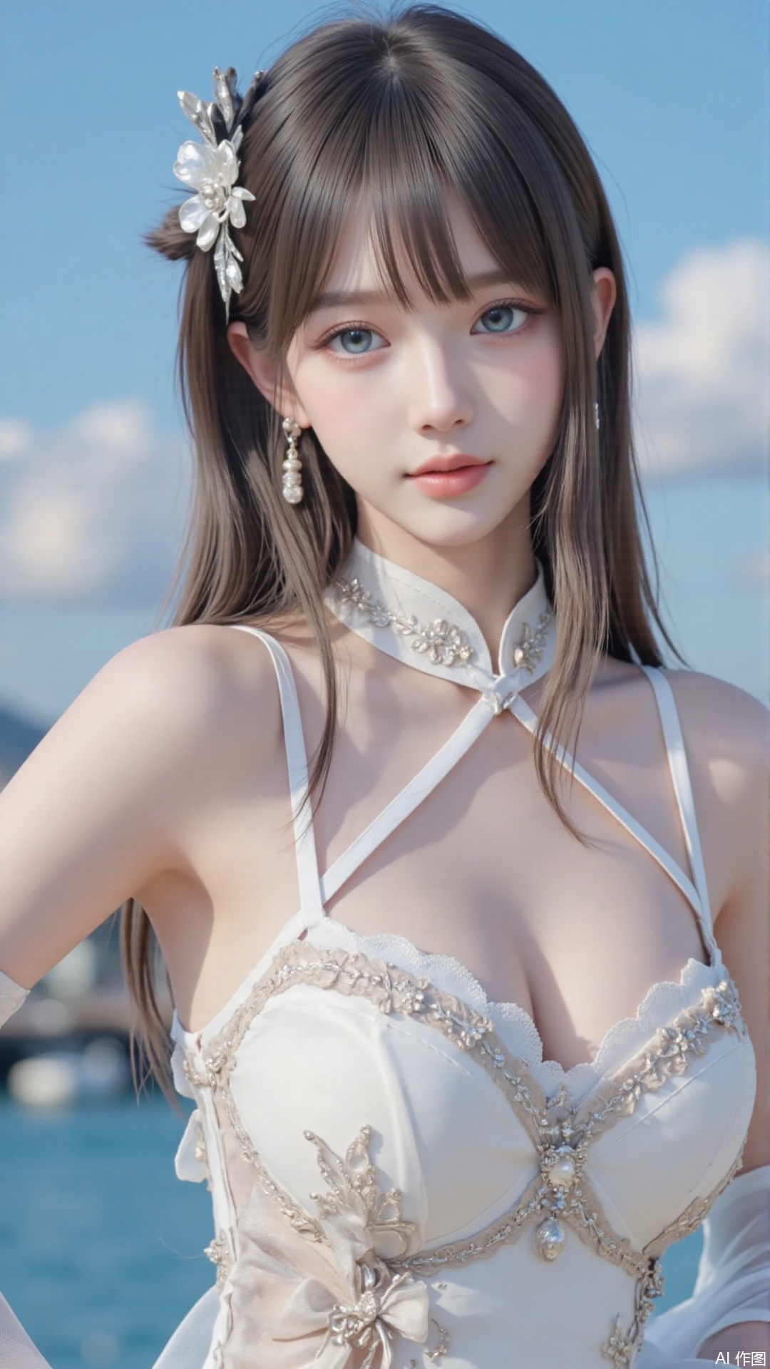 Very detailed face, extremely detailed eyes and face, blue eyes, (vacuum), 8K wallpaper, light leak, beautiful and detailed girl, extremely detailed CGUnity8K wallpaper, an extremely detailed and beautiful, beautiful and detailed eyes, masterpiece, best quality, Real photo level, (frontal shooting panoramic perspective), ( (Full body photo)), dynamic angle, dynamic pose, solo, ancient style silver hairpin with petals, blue sky and white clouds, (C cup), (huge round breasts), slender legs, super good figure, stunning beauty, (whole body in the mirror) , (wearing Lolita nightgown), (light reflects the shadow of the body through the clothes),vacuum,bare and smooth