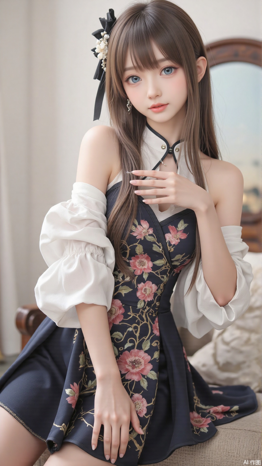 masterpiece,best quality,1girl, blue_eyes, bare shoulders, long hair, dress, ,cowboy shot