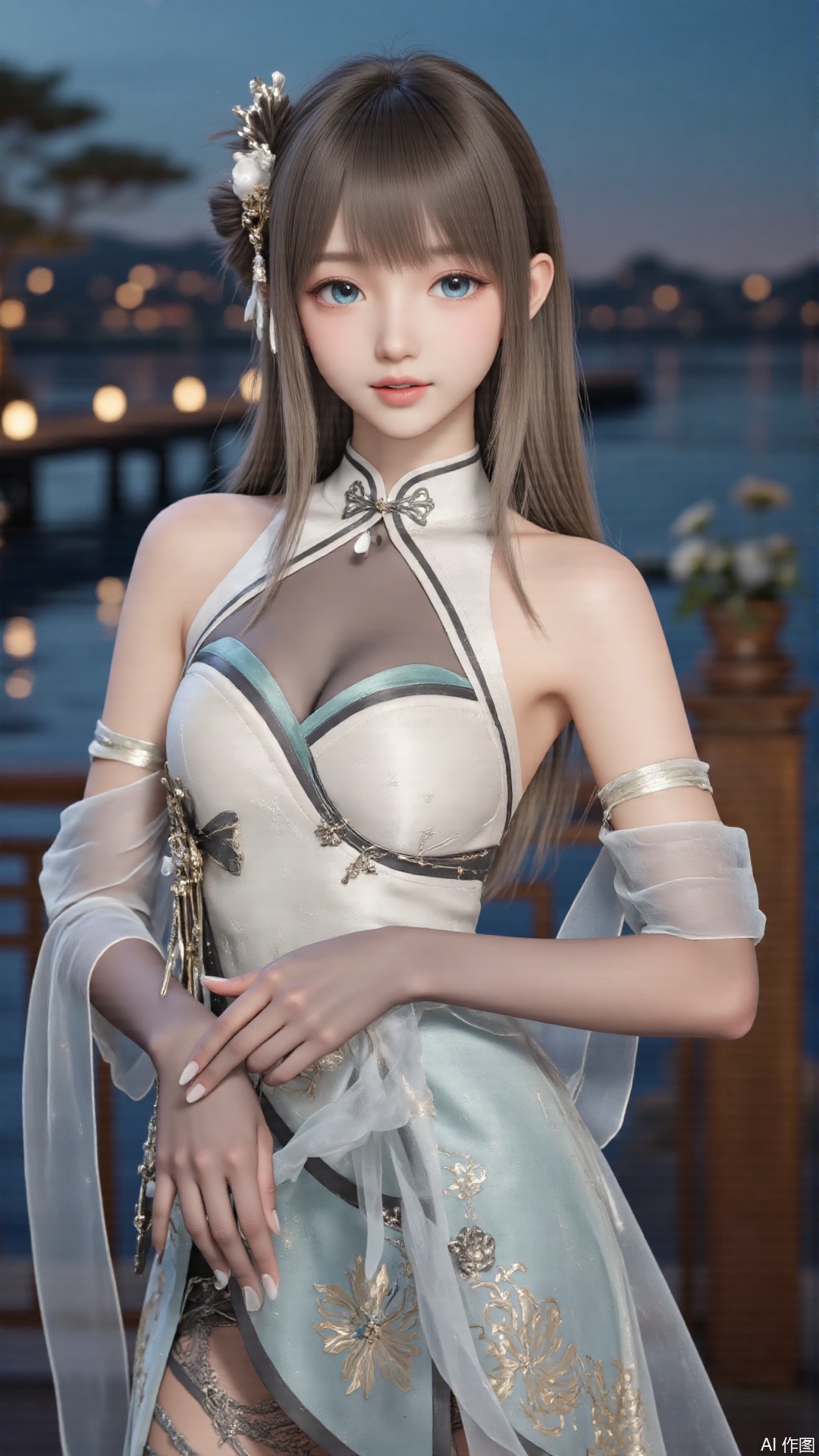 masterpiece,best quality,1girl, blue_eyes, bare shoulders, long hair, dress, ,cowboy shot