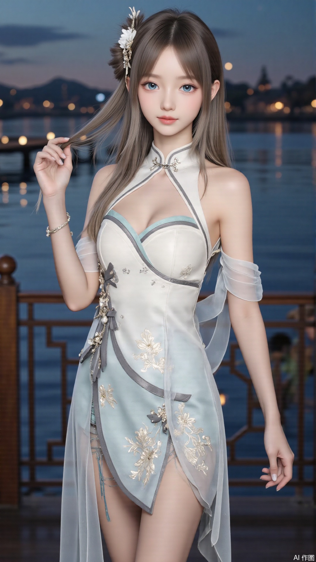 masterpiece,best quality,1girl, blue_eyes, long hair, dress, cowboy shot 