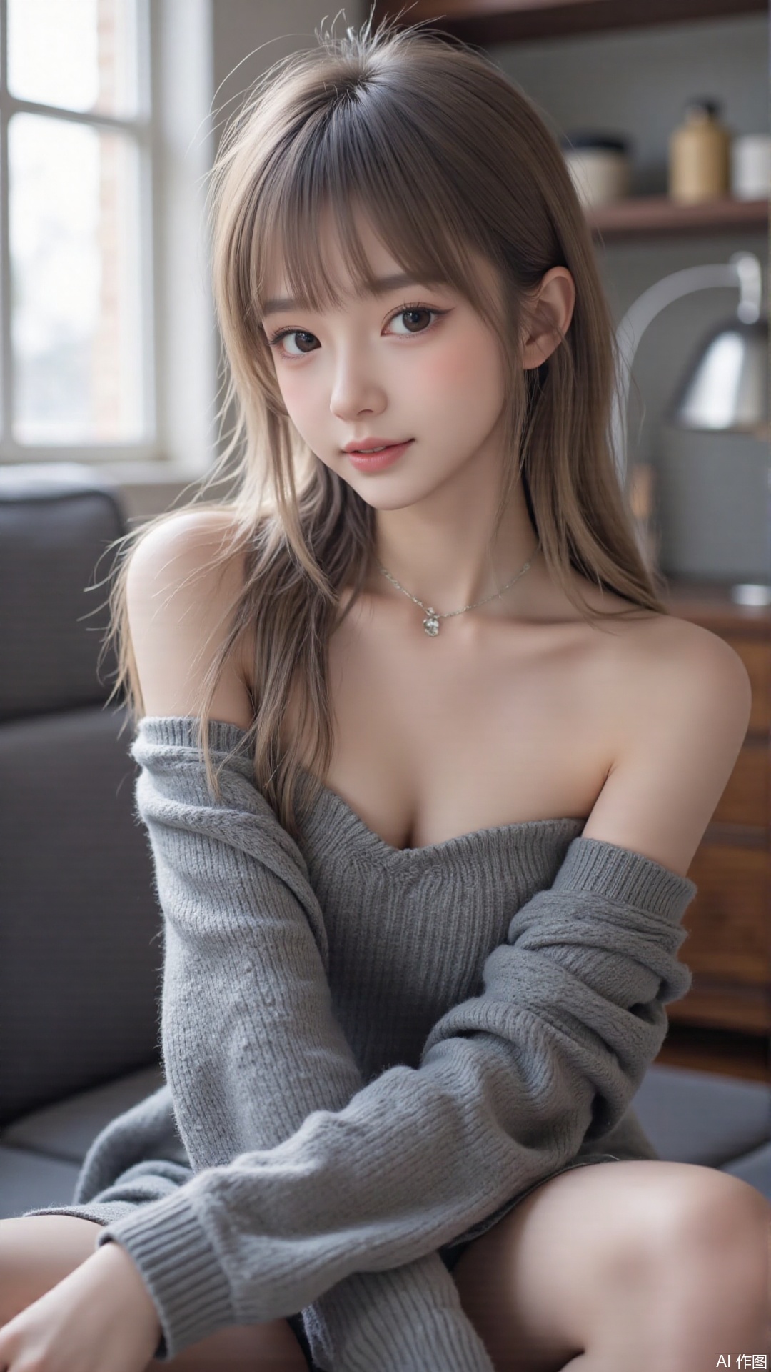 1girl, solo, long hair, looking at viewer, smile, sitting, collarbone, off shoulder, sweater, messy hair, realistic