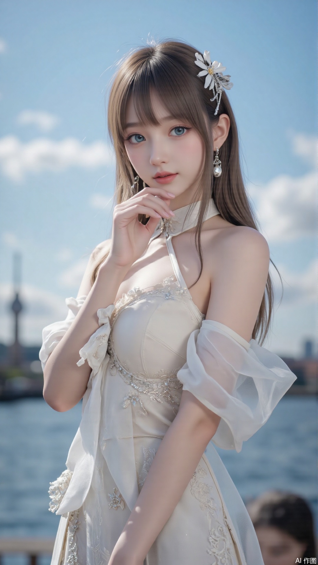 Very detailed face, extremely detailed eyes and face, blue eyes, (vacuum), 8K wallpaper, light leak, beautiful and detailed girl, extremely detailed CGUnity8K wallpaper, an extremely detailed and beautiful, beautiful and detailed eyes, masterpiece, best quality, Real photo level, (frontal shooting panoramic perspective), ( (Full body photo)), dynamic angle, dynamic pose, solo, ancient style silver hairpin with petals, blue sky and white clouds, (C cup), (huge round breasts), slender legs, super good figure, stunning beauty, (whole body in the mirror) , (wearing Lolita nightgown), (light reflects the shadow of the body through the clothes),vacuum,bare and smooth