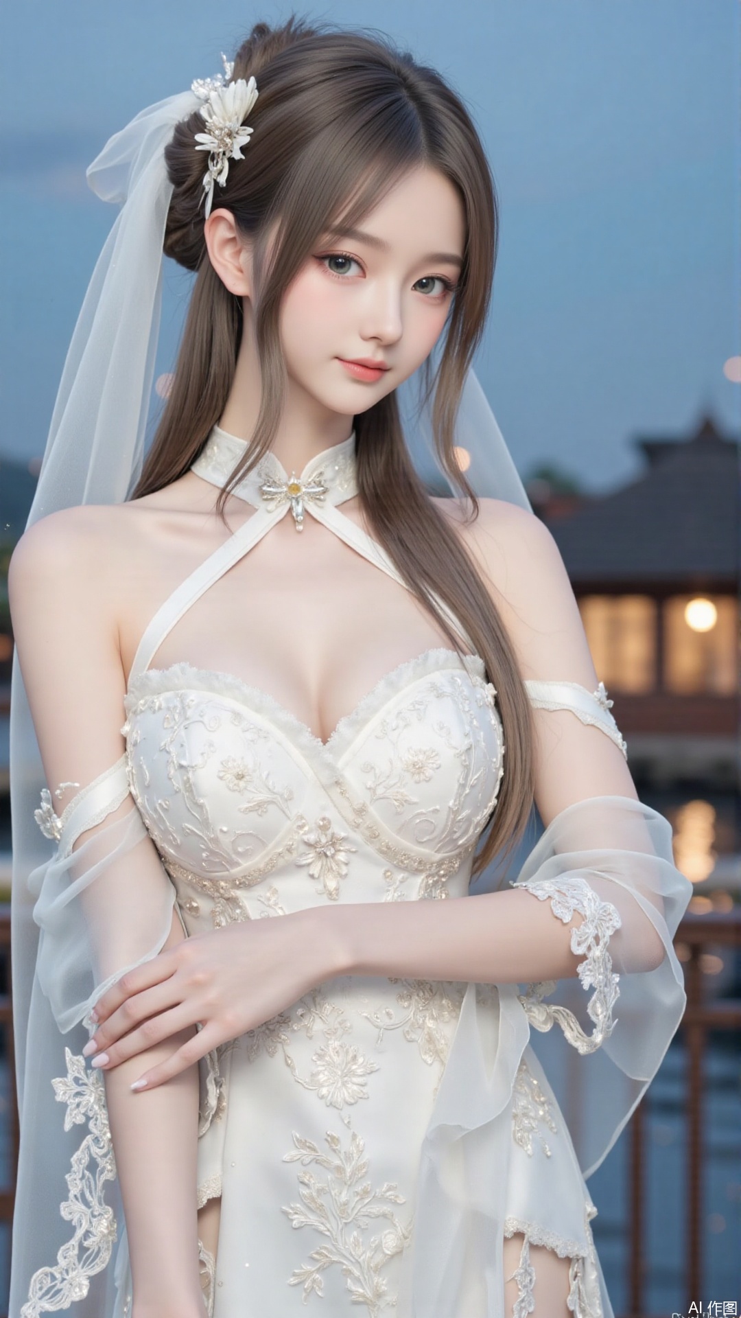1girl, white wedding dress,looking at viewer, mischevious smile, perfect body, scenery, sharp focus, best quality, masterpiece, detailed outfit, illustration, perfect eyes, finely detailed beautiful anime eyes, realistic skin, intricate details, best lighting, depth of field, ultra high resolution, cowboy_shot, bride