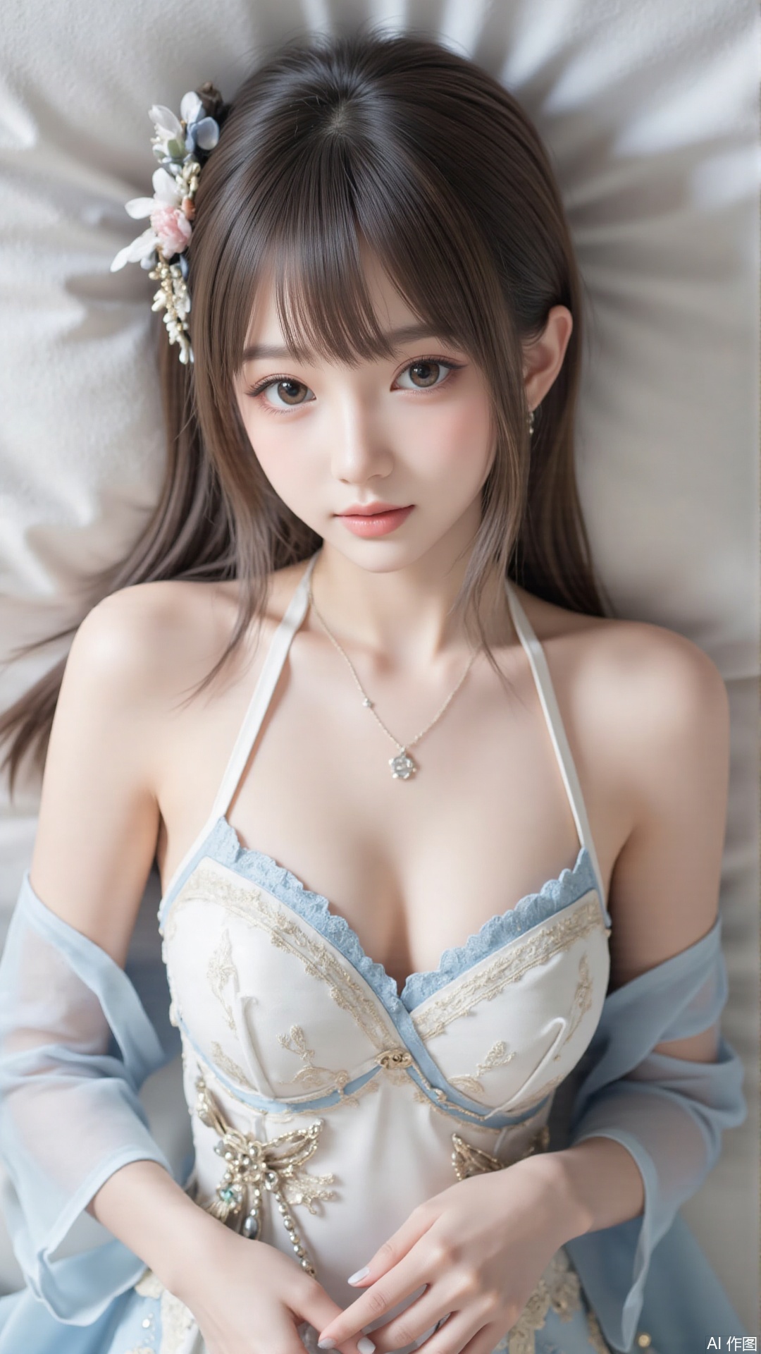 1girl, solo, jewelry, earrings, breasts, necklace, dress, realistic, bare shoulders, looking at viewer, lying, perfect body, scenery, sharp focus, best quality, masterpiece, detailed outfit, illustration, perfect eyes, finely detailed beautiful anime eyes, realistic skin, intricate details, best lighting, depth of field, ultra high resolution, bed, from above