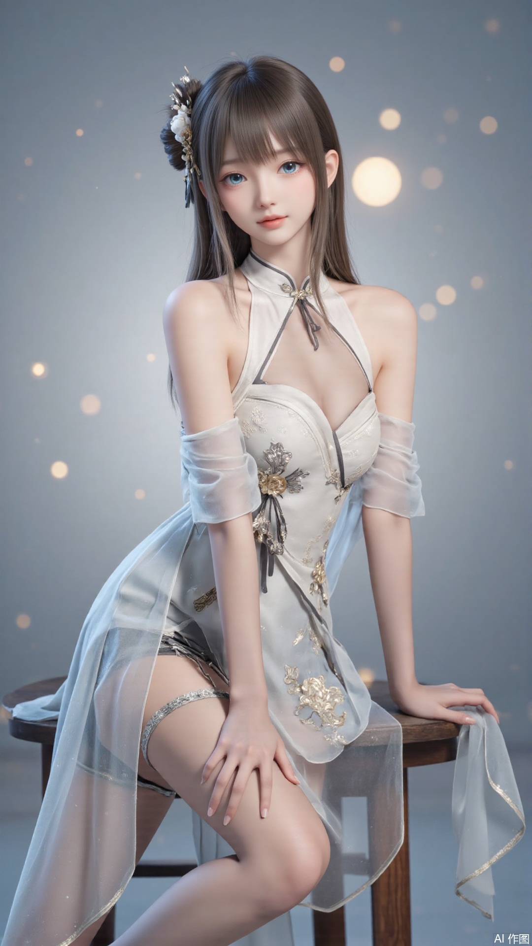 masterpiece,best quality,1girl, blue_eyes, bare shoulders, long hair, dress, sitting