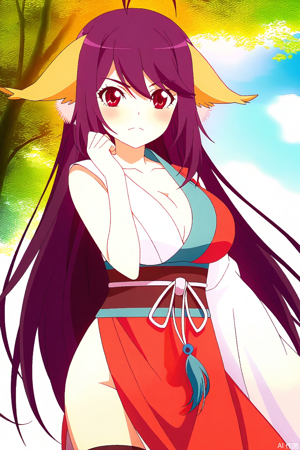 1girl, solo, long hair, breasts, looking at viewer, large breasts, red eyes, thighhighs, animal ears, cleavage, very long hair, purple hair, ahoge, japanese clothes, kimono, sash, antenna hair, single sleeve,masterpiece,best quality,official art,extremely detailed CG unity 8k wallpaper,,Thigh exposed,thighhighs,looking at viewer,on the beach,